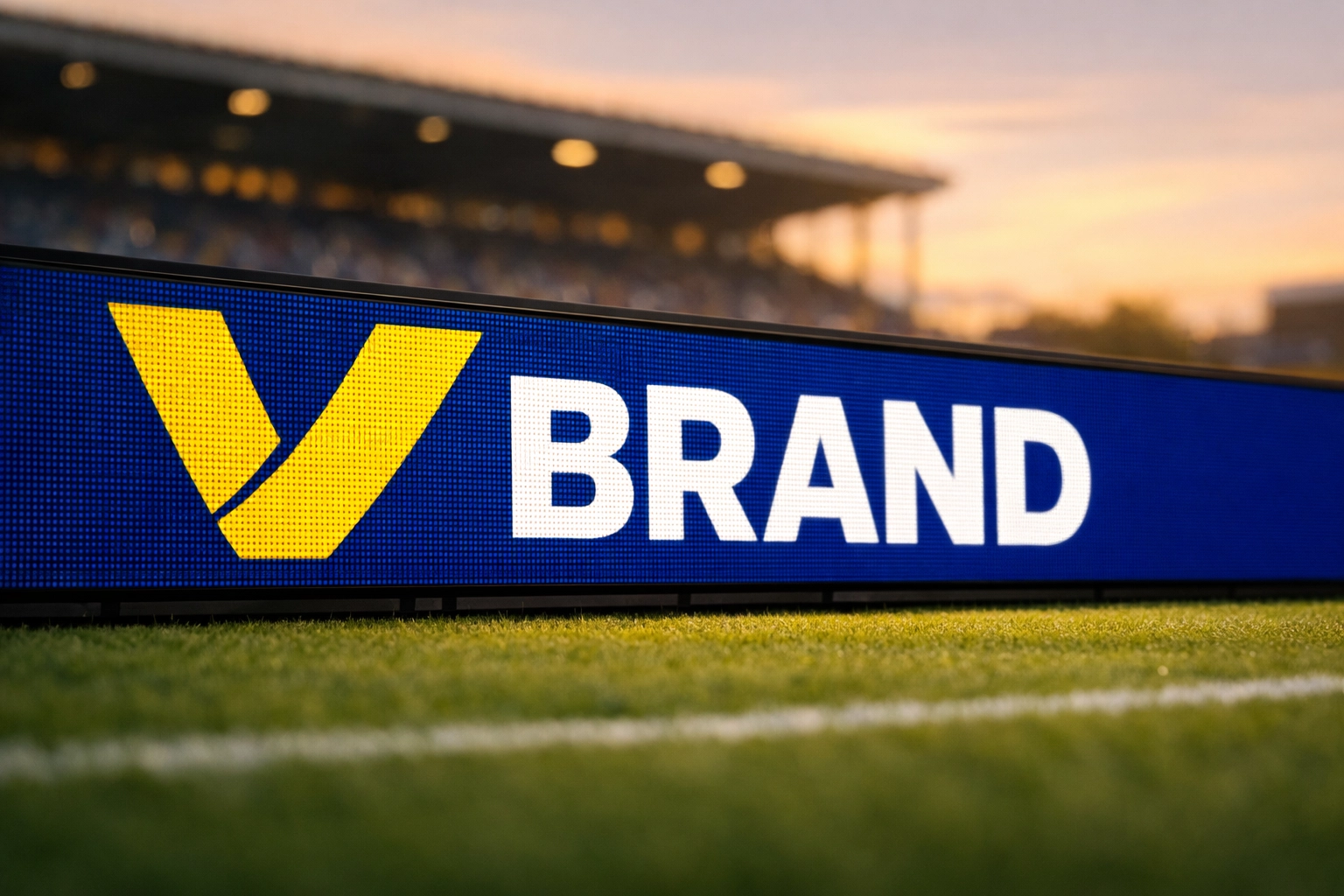 Close-up of LED stadium perimeter board displaying high-contrast brand logo with clear visibility
