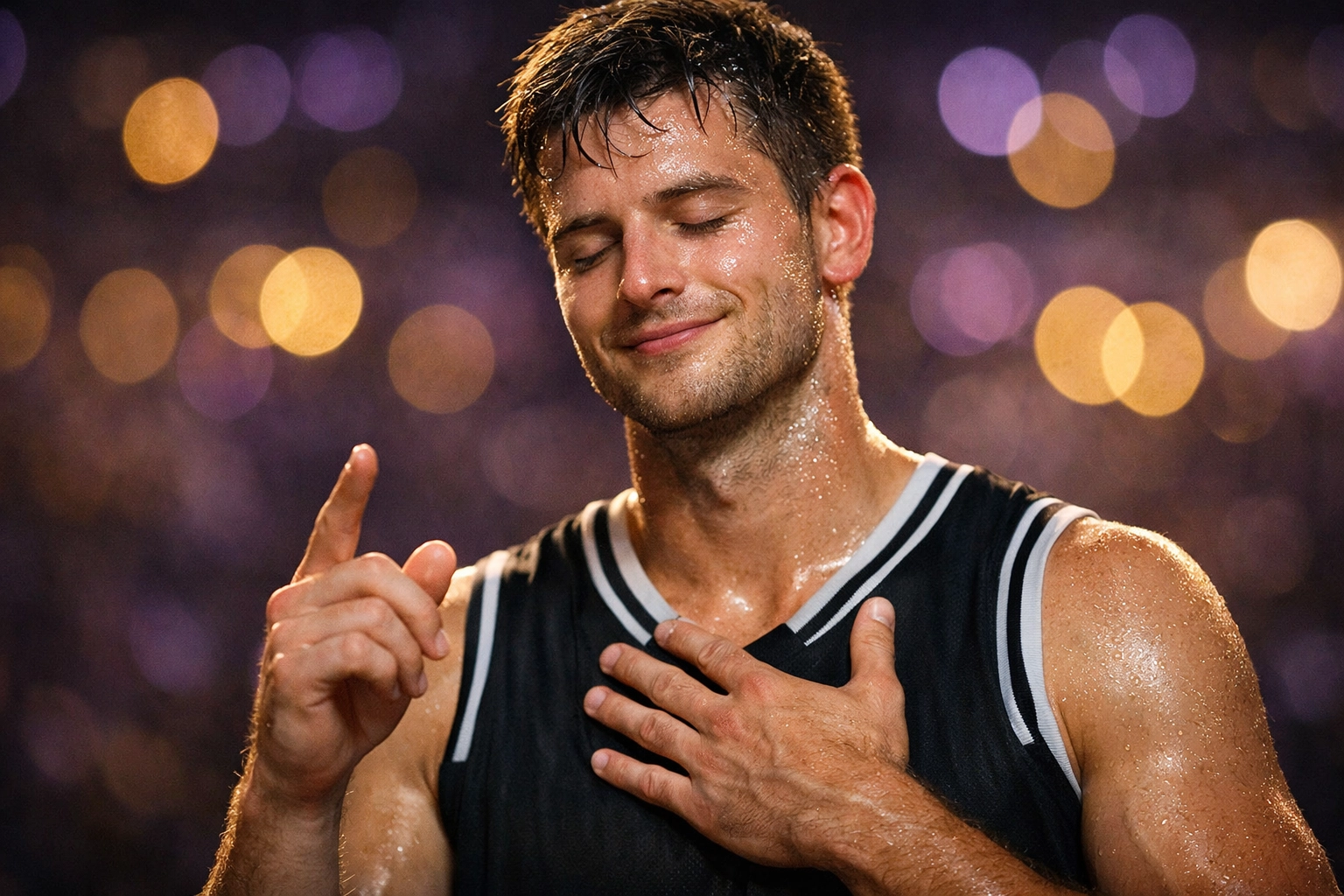 Athlete Chase Johnston smiling and pointing to heaven in a bold witness of faith after an NCAA game.