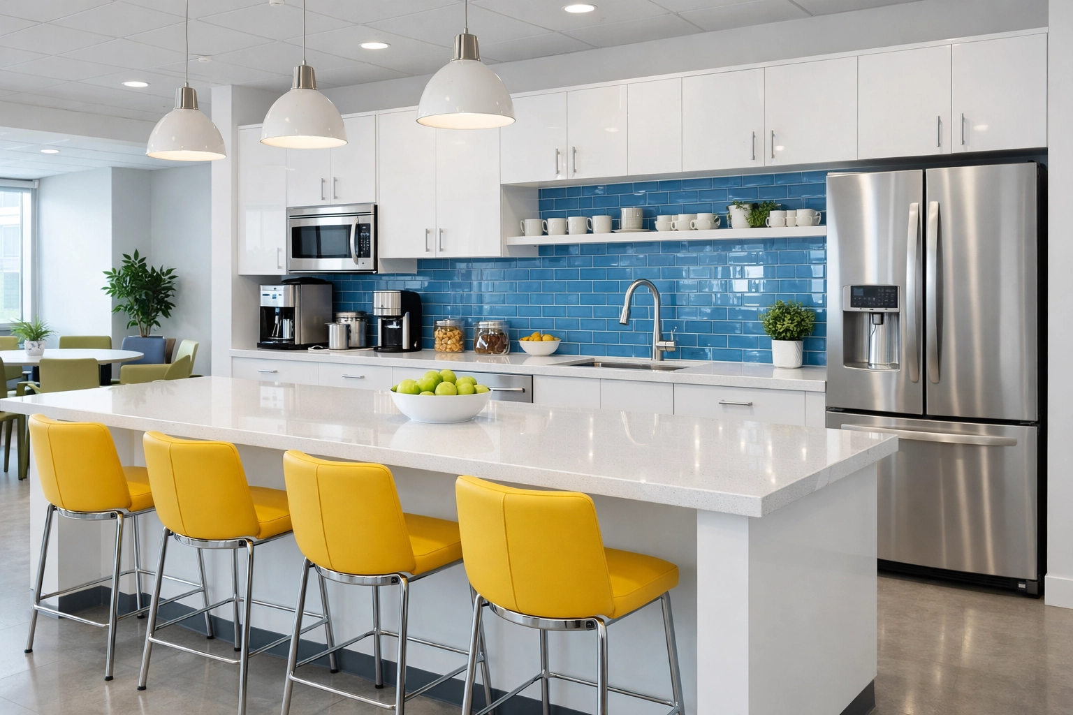 A hygienic, sparkling office breakroom in Massachusetts following a thorough commercial deep cleaning service.