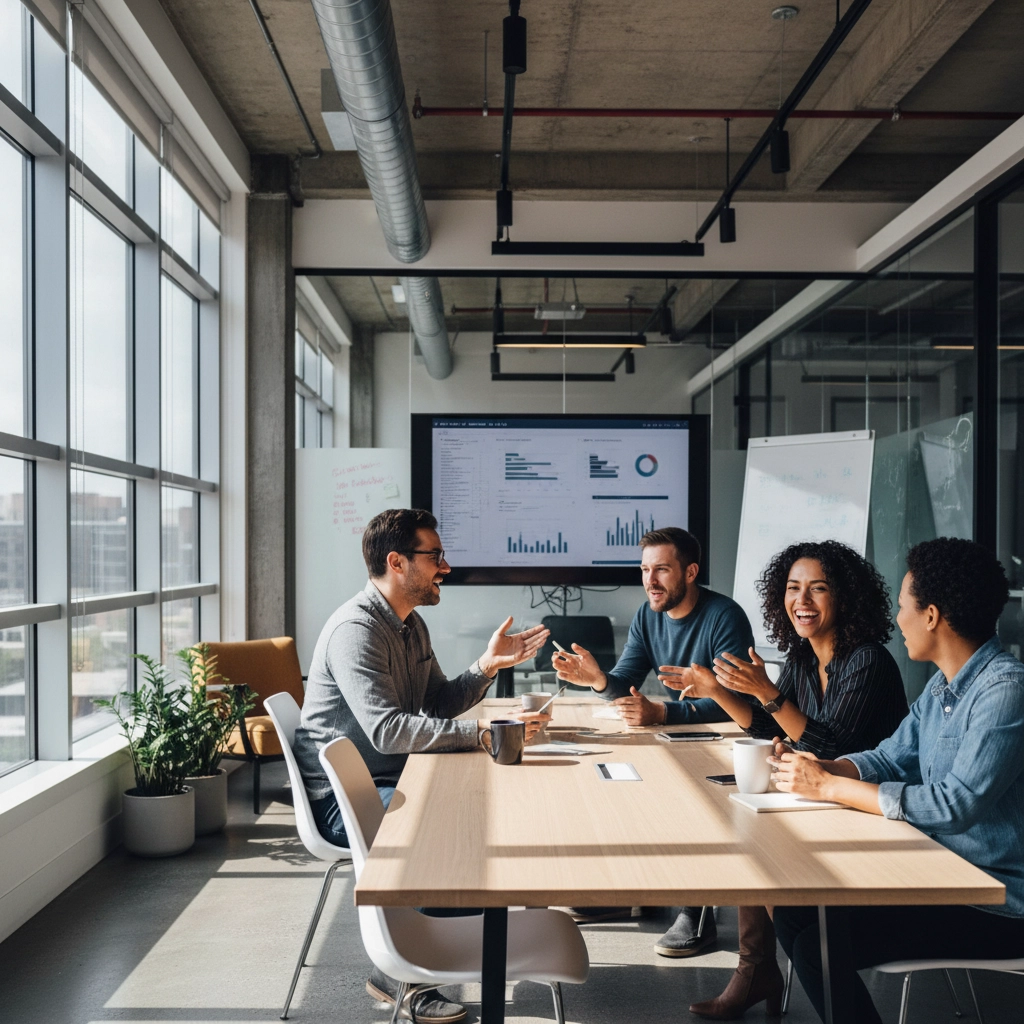 Four people smile and discuss around a table in a modern office. A screen displays charts in the background. Natural light and plants enhance the setting.