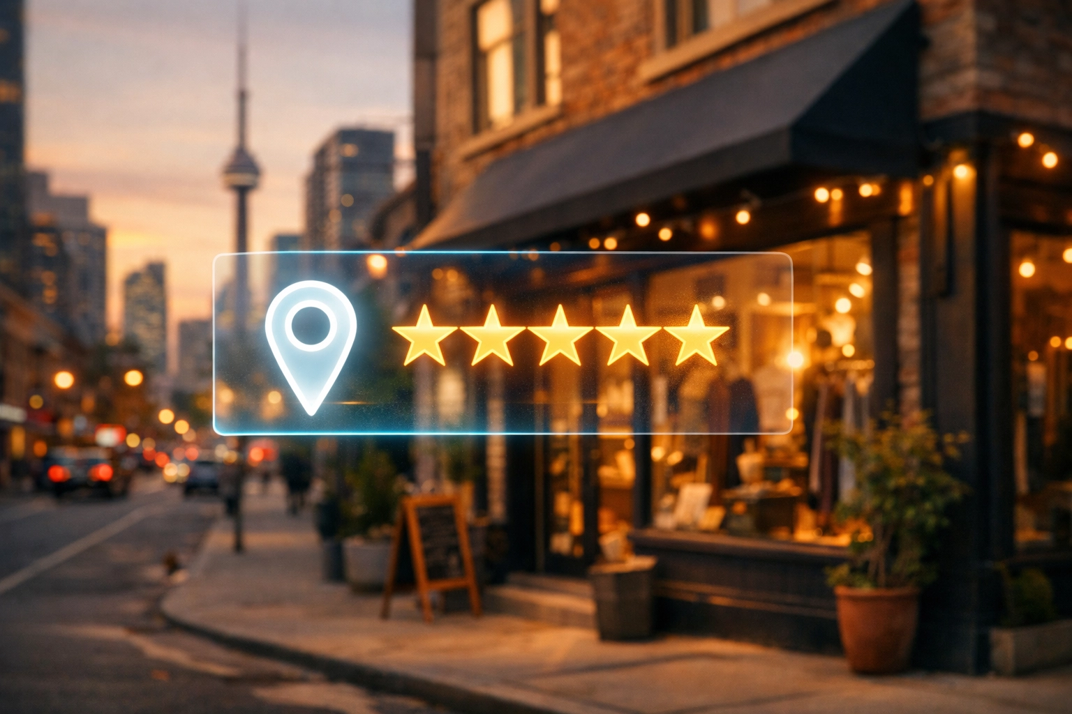 Local SEO Toronto storefront with a glowing 5-star rating, illustrating small business search optimization.