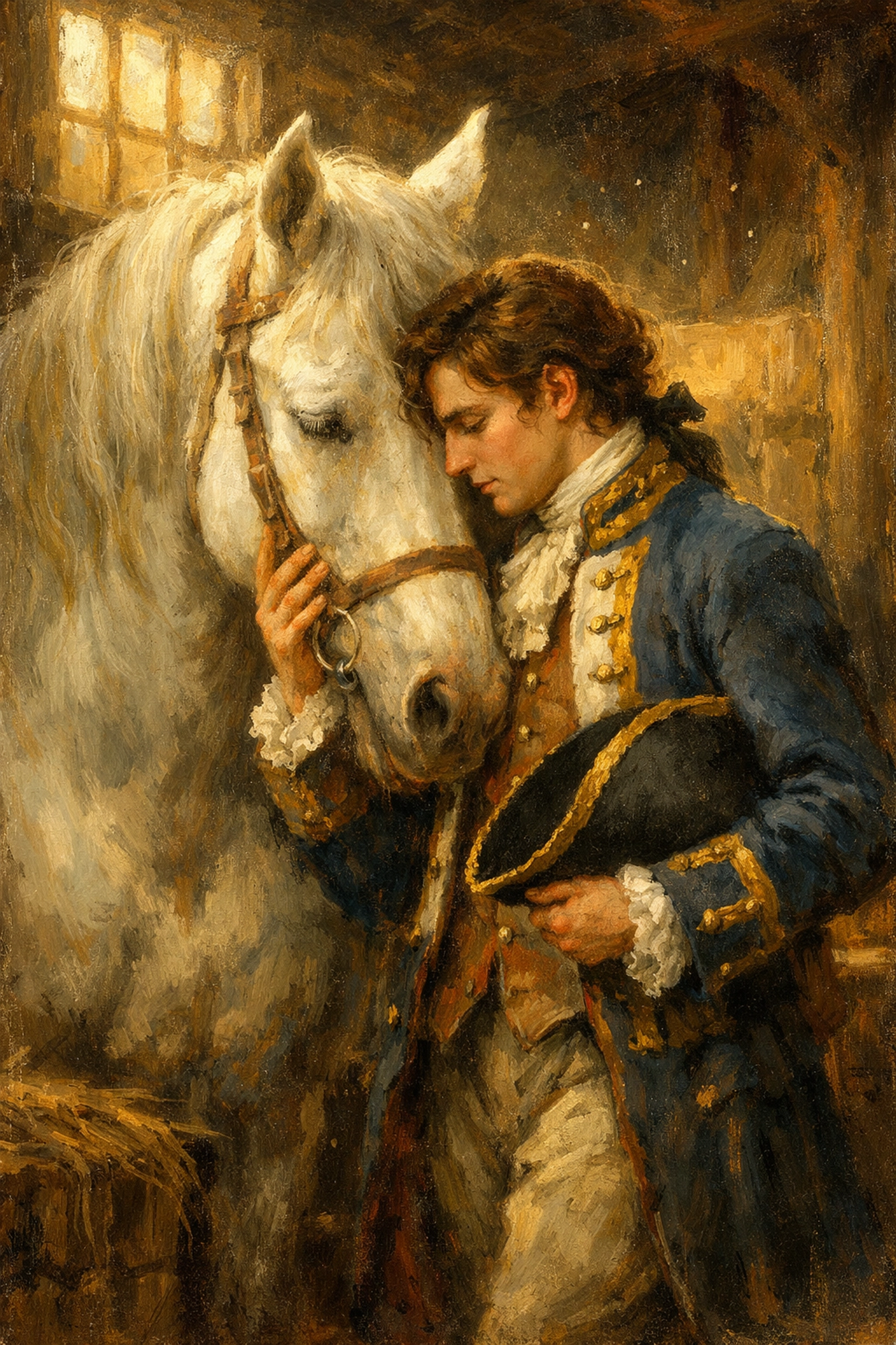 Historical Prussian nobleman sharing an intimate moment with a stallion in a sunlit royal stable.