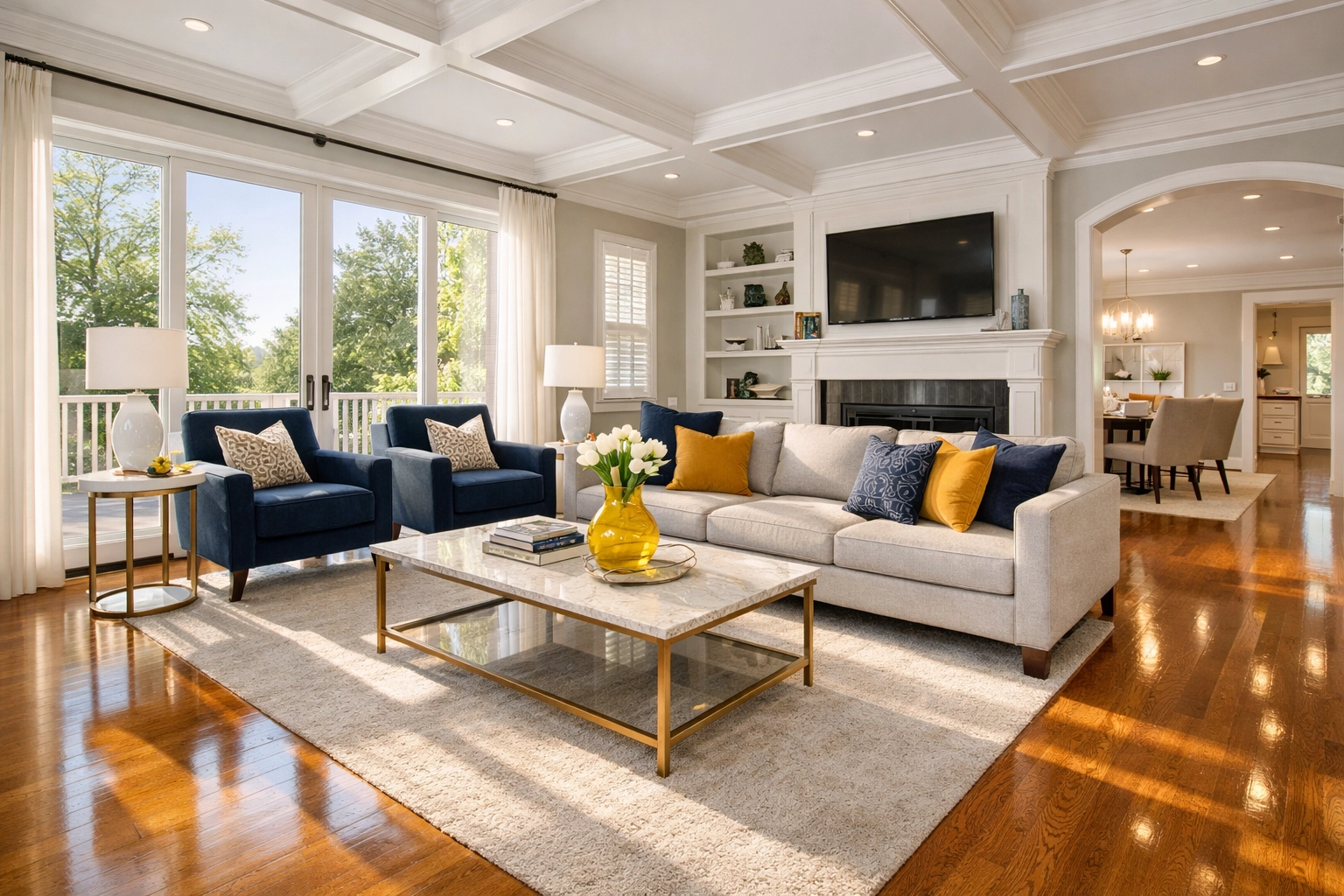 Sun-drenched living room in Ayer, MA showing the results of weekly house cleaning.