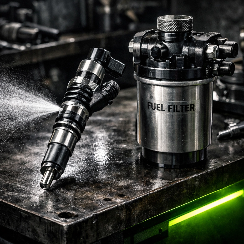 High-performance Cummins fuel injector and fuel filter assembly on a mechanic's workbench.