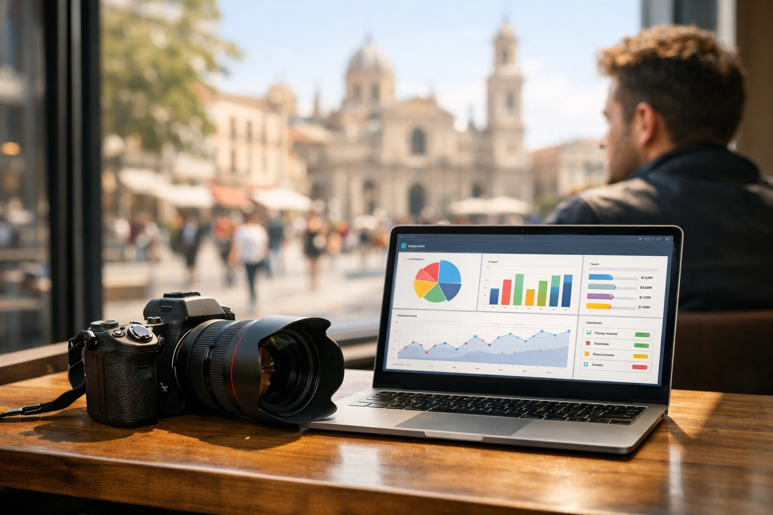 Professional photographer working on a laptop at a European cafe, managing digital nomad photography gigs.