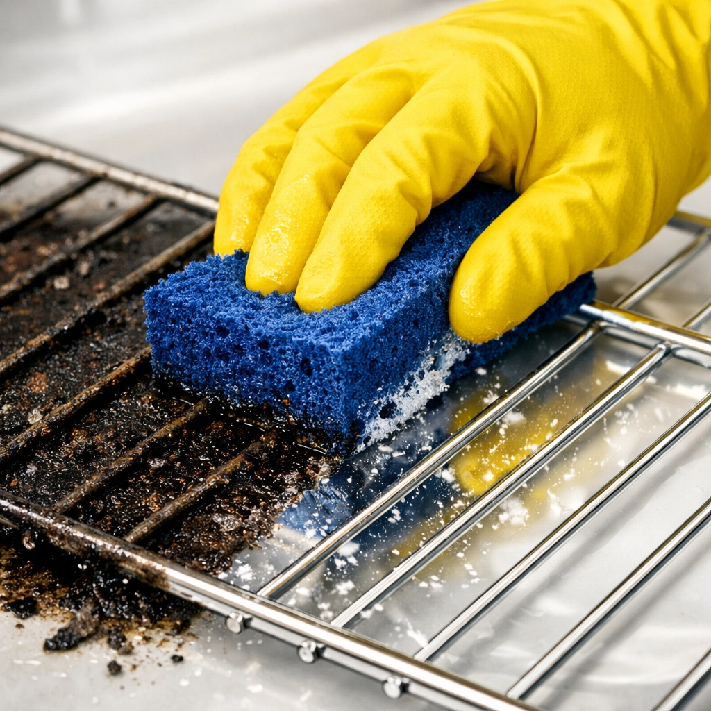 Scrubbing burnt-on grease from an oven rack using a sponge to reveal a clean, shiny surface.