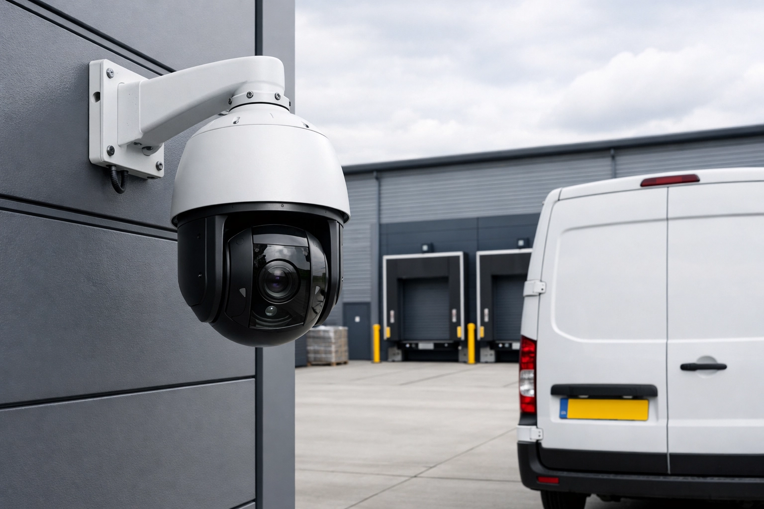 Commercial PTZ security camera installed on a Salisbury business premises for warehouse protection.