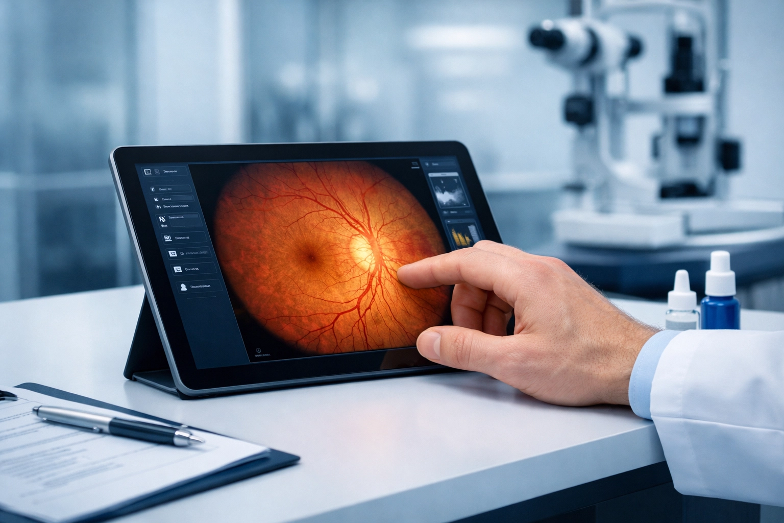 Digital retinal scan documentation on a tablet for accurate medical billing and optometry revenue cycle management.