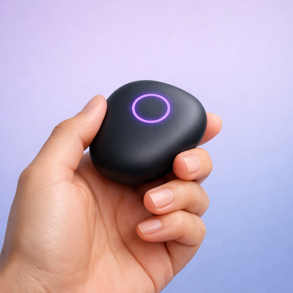 Hand holding the HeyPocket screenless AI tool, as discussed in this HeyPocket review.