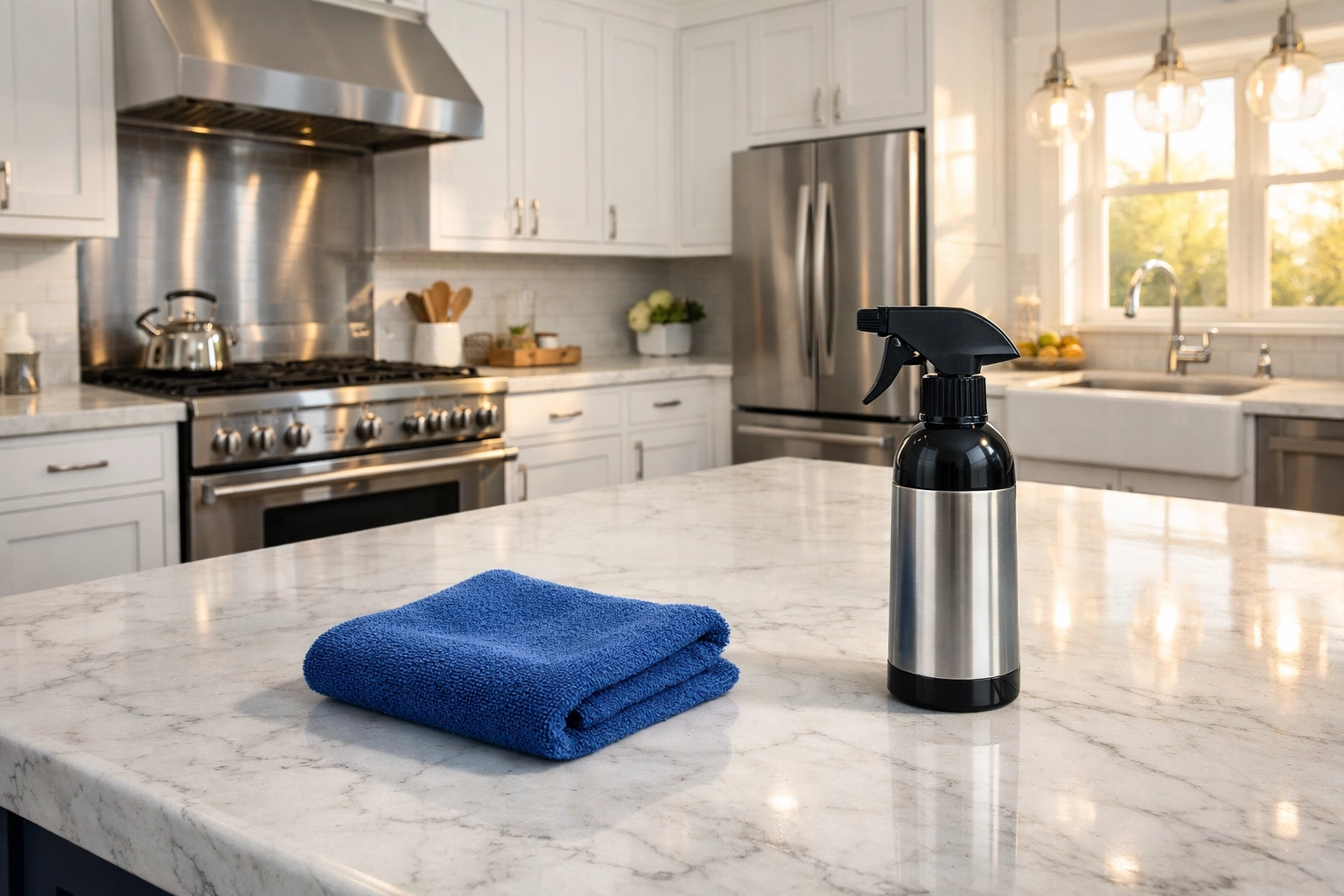 Spotless modern kitchen with marble island, part of apartment cleaning services in Leominster MA.