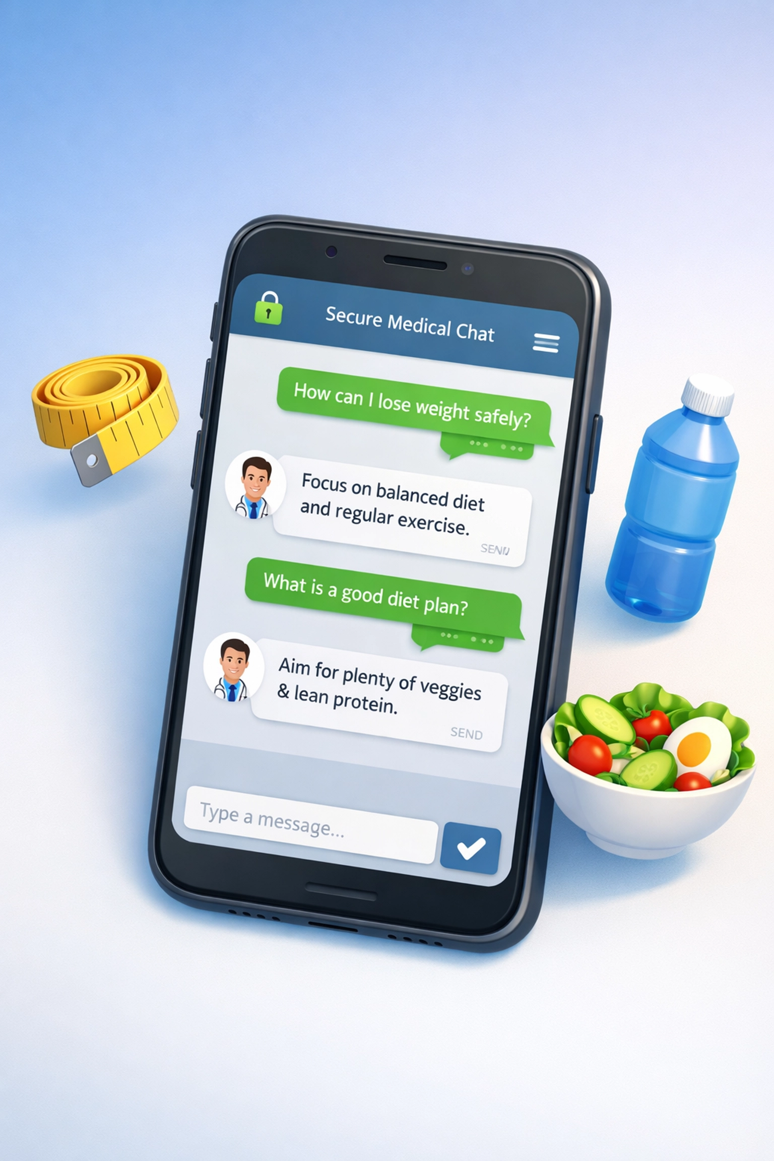 Smartphone displaying secure text-based weight loss consultation for Wegovy prescription online
