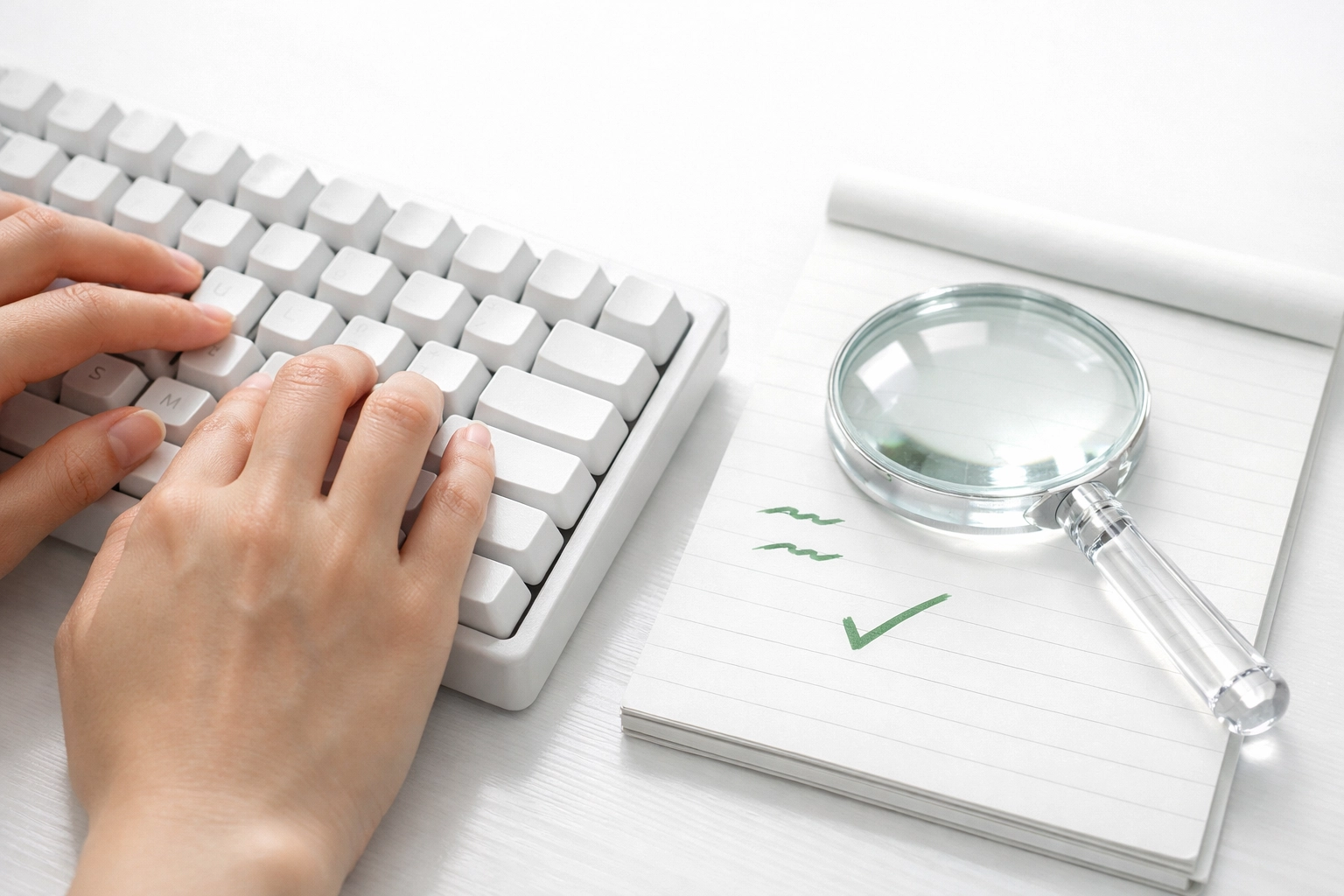 Hands typing on a white keyboard representing a content audit and keyword research.