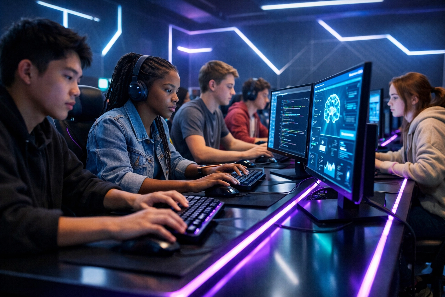 High school students learning AI and cloud computing at modern gaming workstations in educational lab