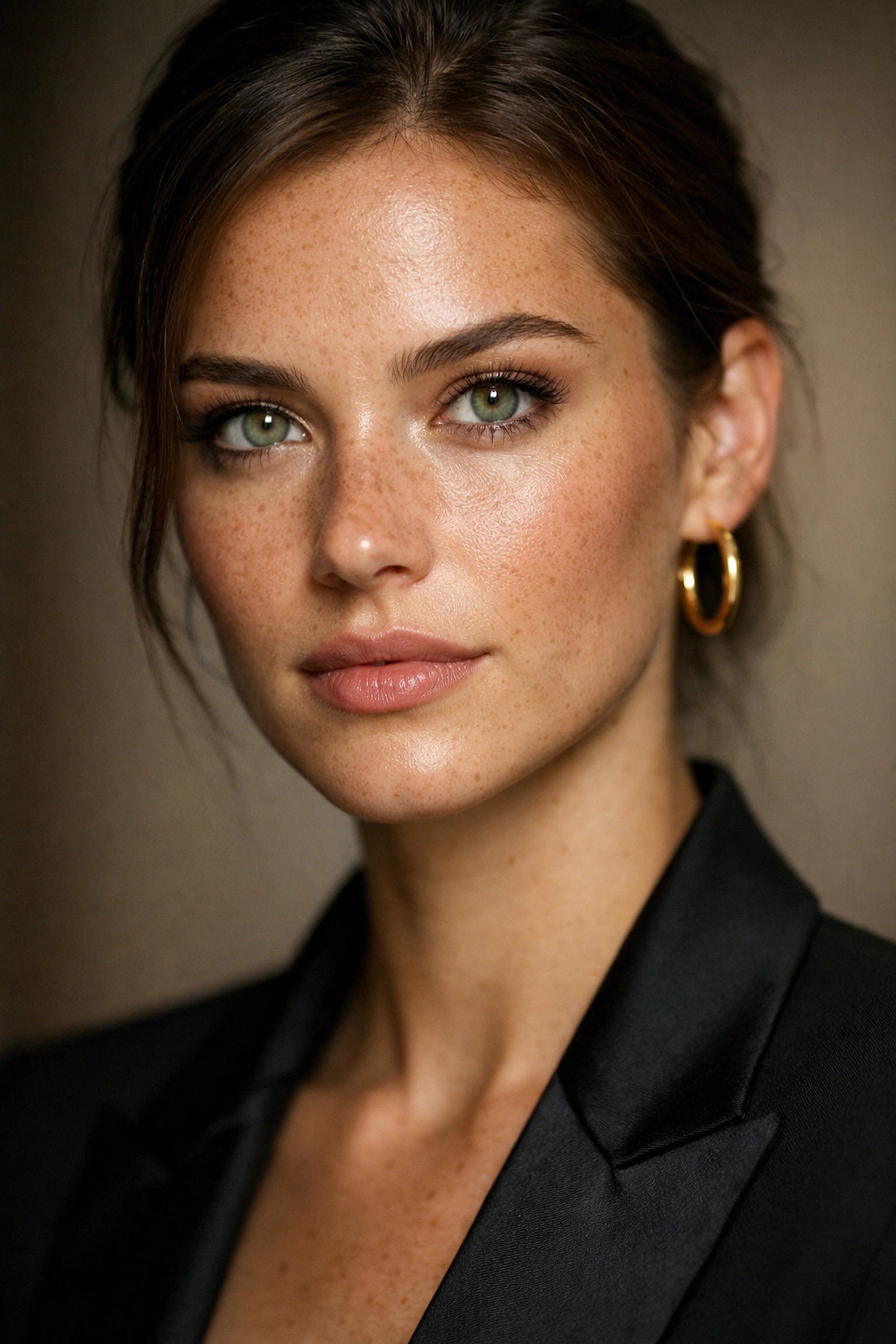 Professional portrait with clear catchlights and flattering shadows showing correct lighting height.