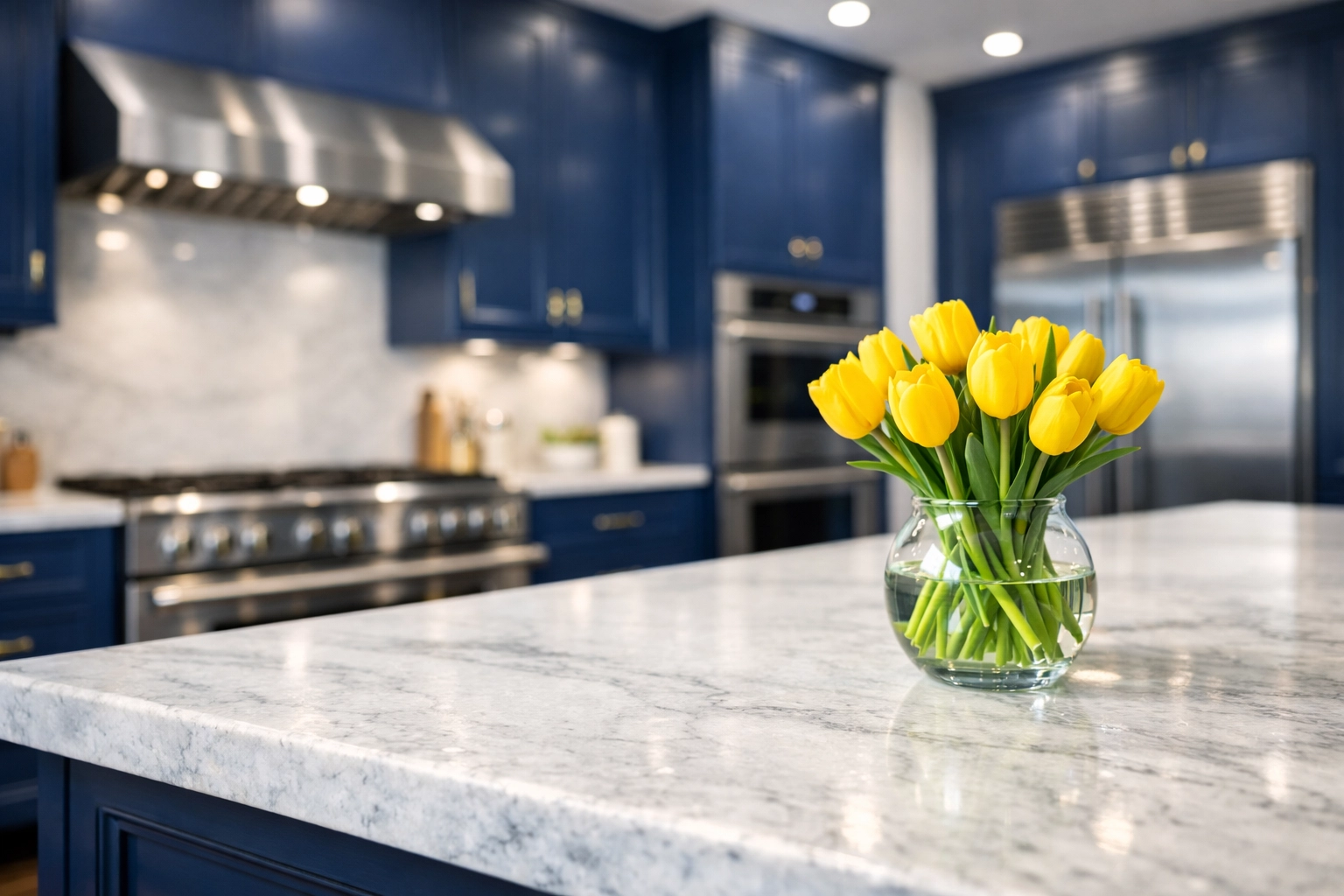Deep cleaning for a luxury kitchen with white marble counters and blue cabinets in Massachusetts.