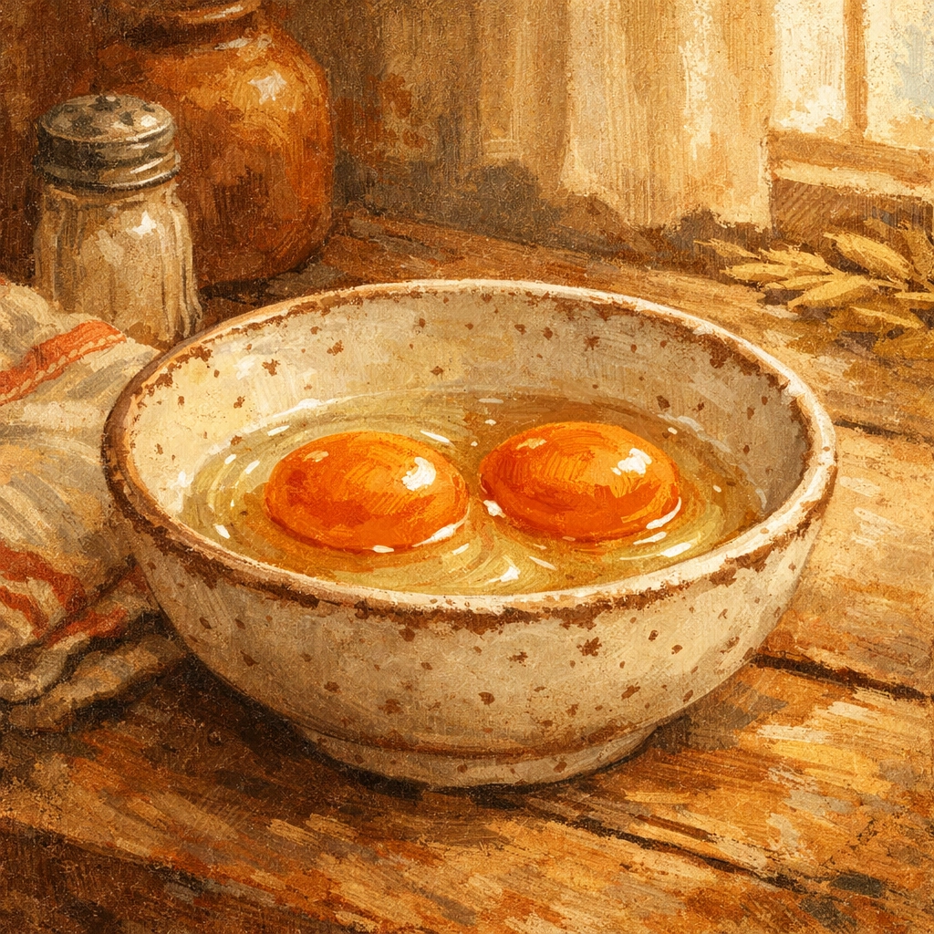 Farm fresh eggs with thick whites and vibrant orange yolks in a ceramic bowl.