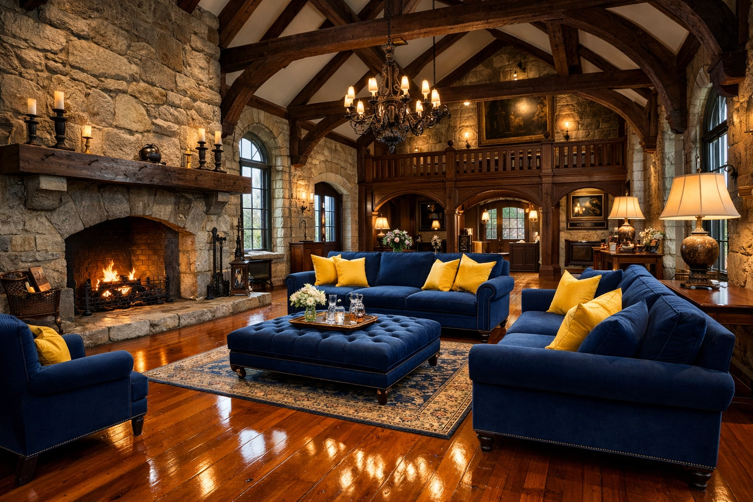 A pristine, dust-free historic Lincoln living room featuring polished heart pine floors and a stone hearth.