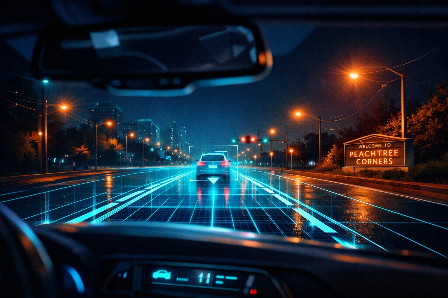 Advanced ADAS system visual overlay showing lane detection and car diagnostics for safer driving in modern vehicles.