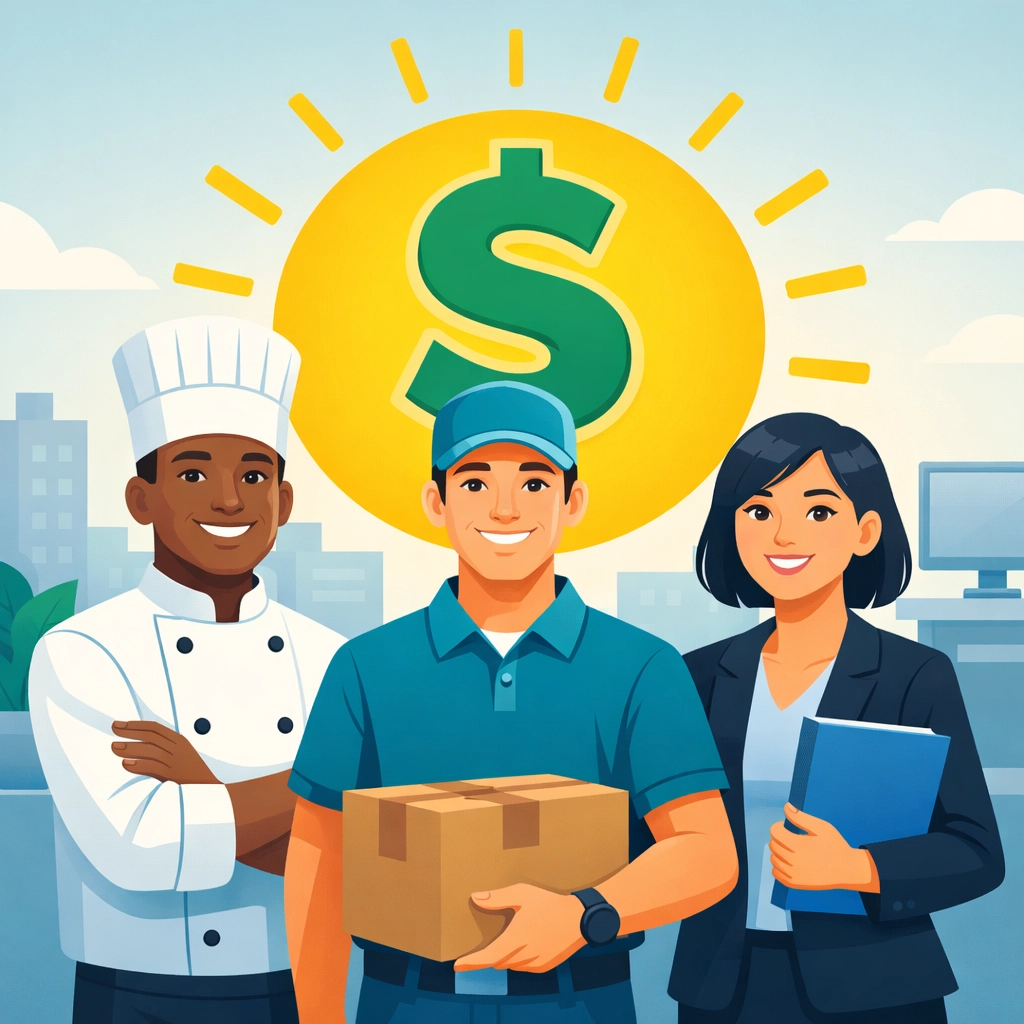 Illustration of professionals with a dollar sign representing Earned Income Tax Credit benefits.