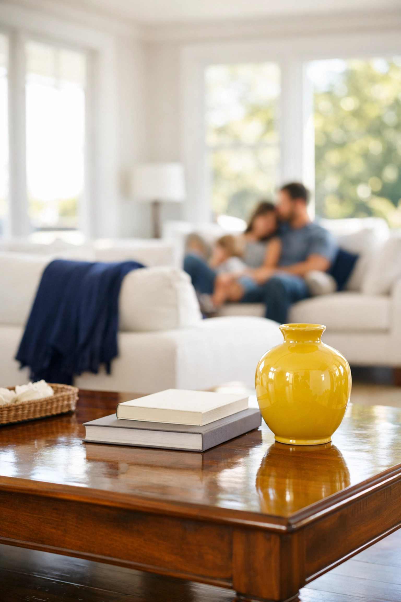 Spotless living room and happy family enjoying the benefits of recurring house cleaning in Southborough.
