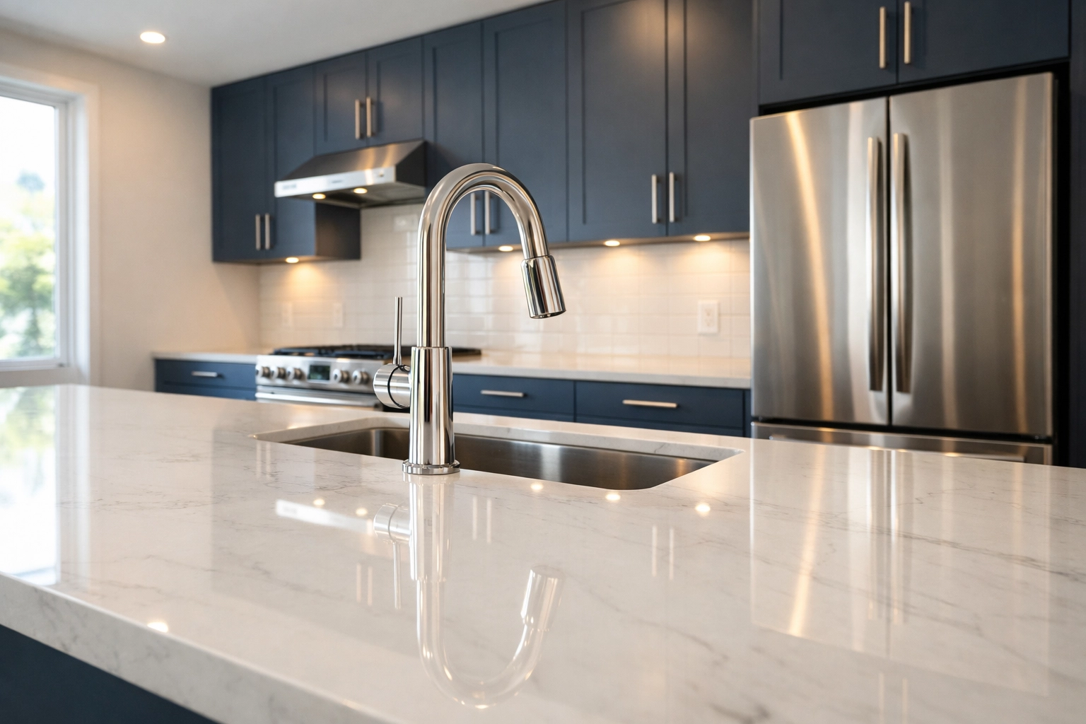 A spotless modern kitchen with polished fixtures following a thorough Midwest property management move out clean.
