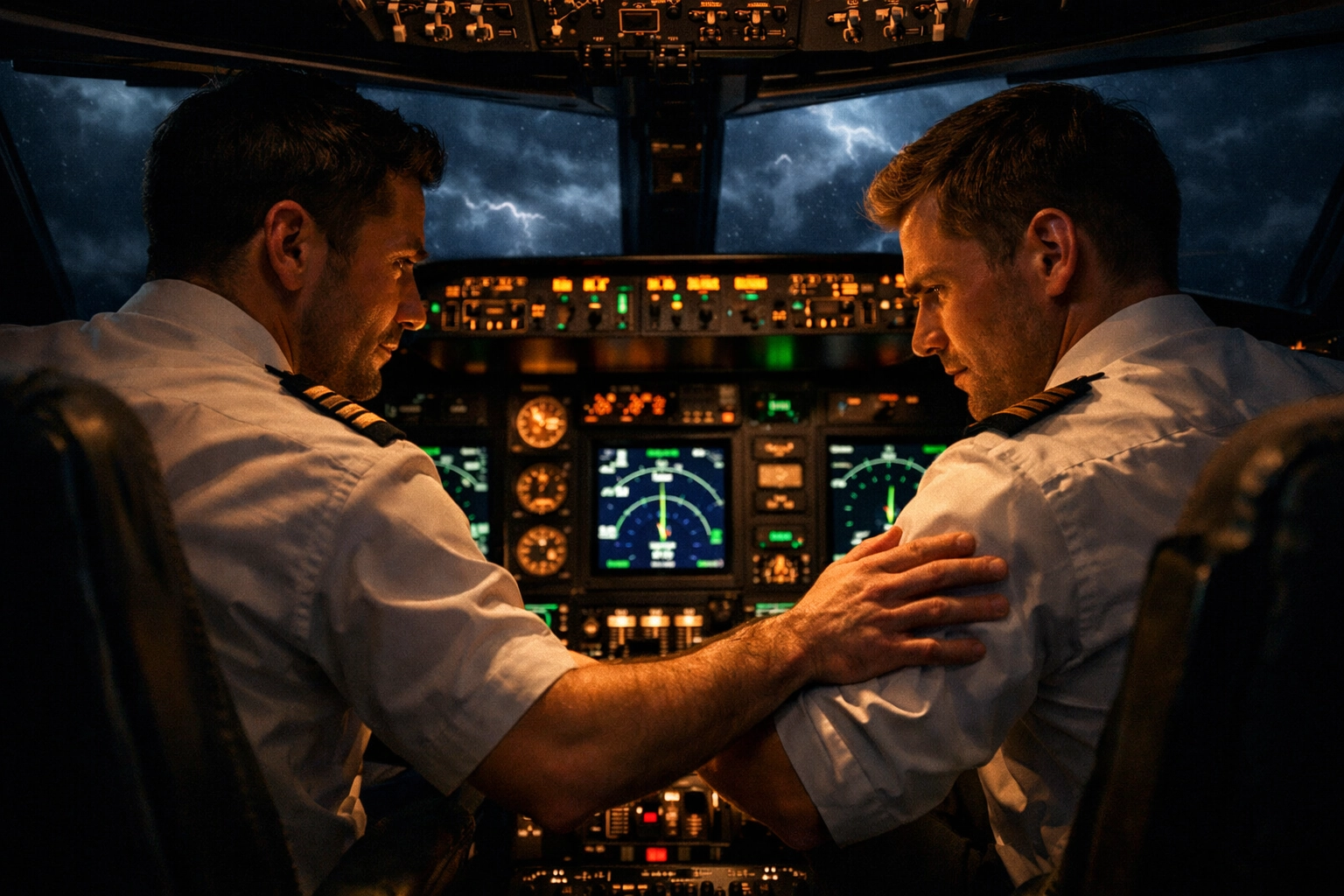 Male pilots supporting each other in cockpit during turbulent night flight