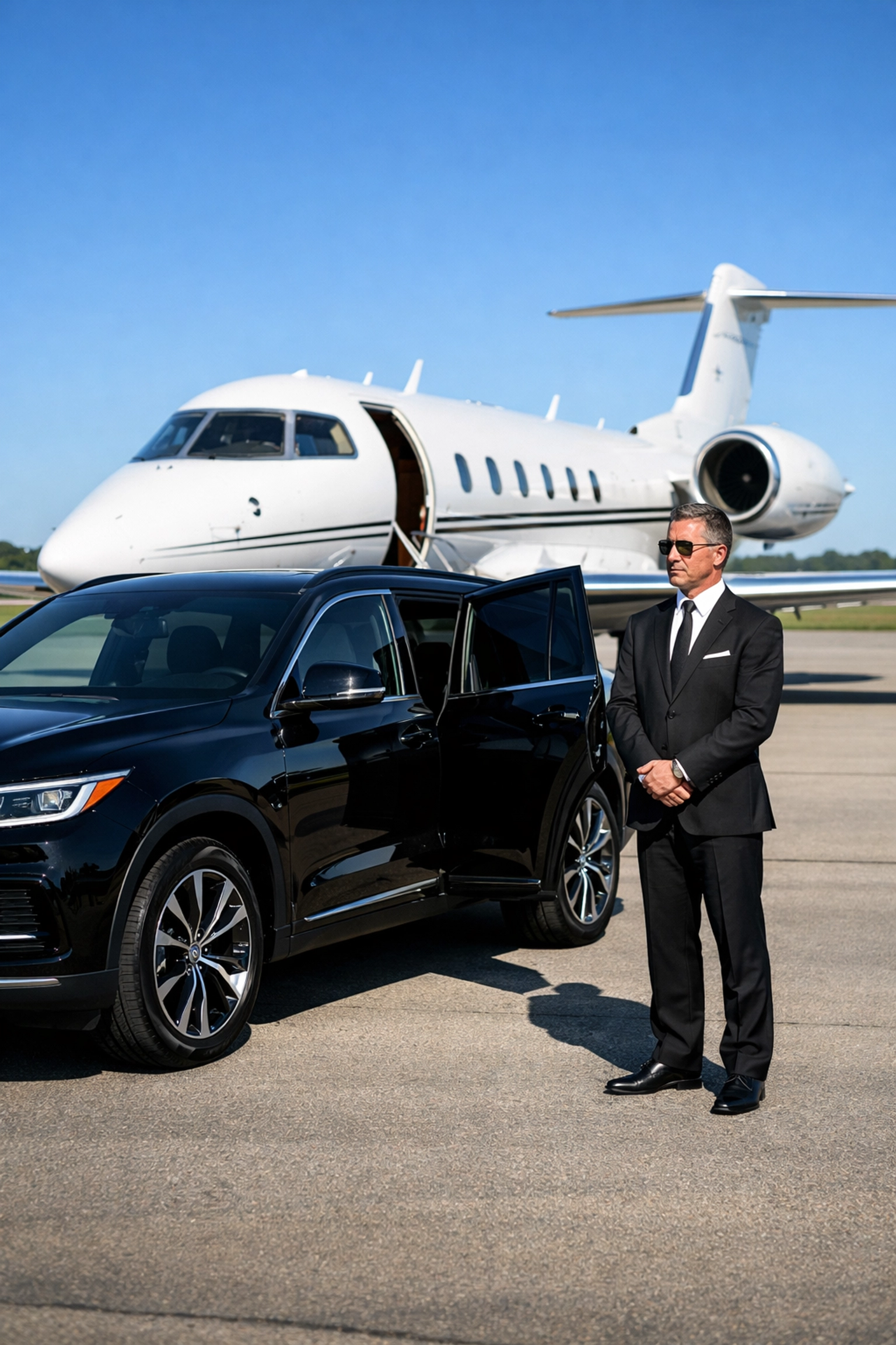 Super Bowl Branding Blitz Secrets Revealed: What Experts Don’t Want You to Know Luxury corporate transportation featuring a private jet and black SUV for VIP executives.