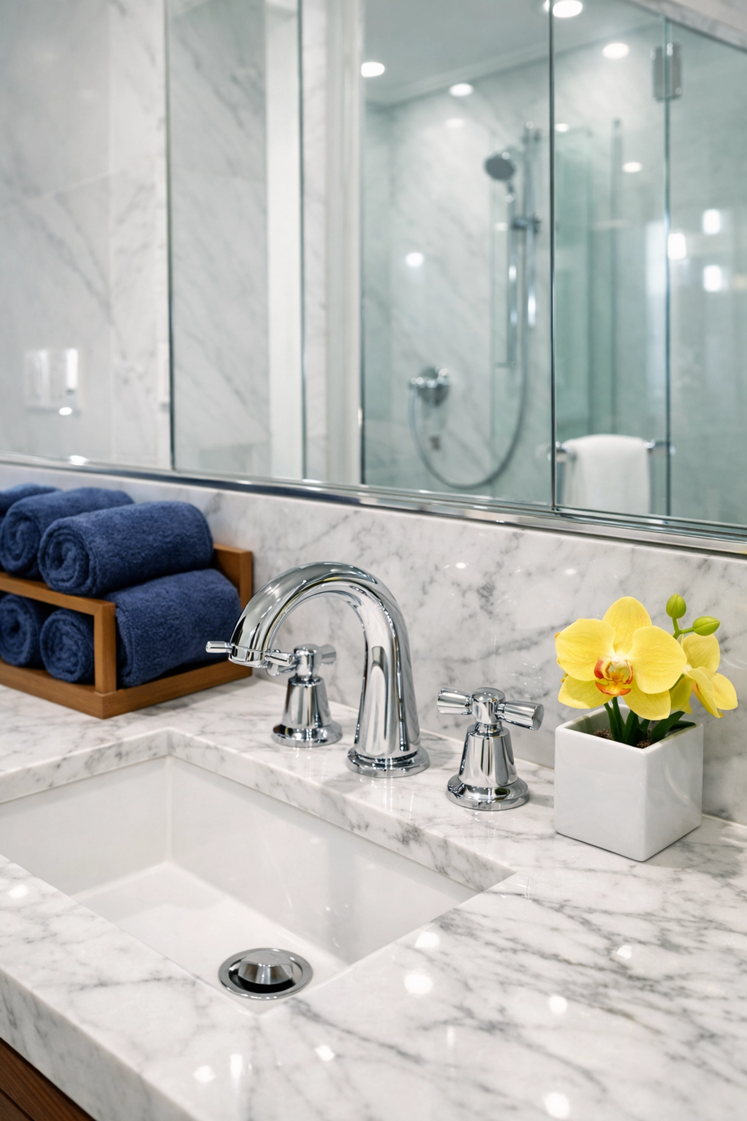 Spotless luxury bathroom with marble counters and clear glass, showing professional weekly house cleaning in Medfield.