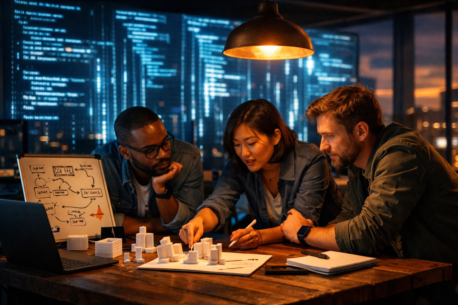 Tech professionals collaborating in a high-tech office to solve complex problems using human-in-the-loop strategies.