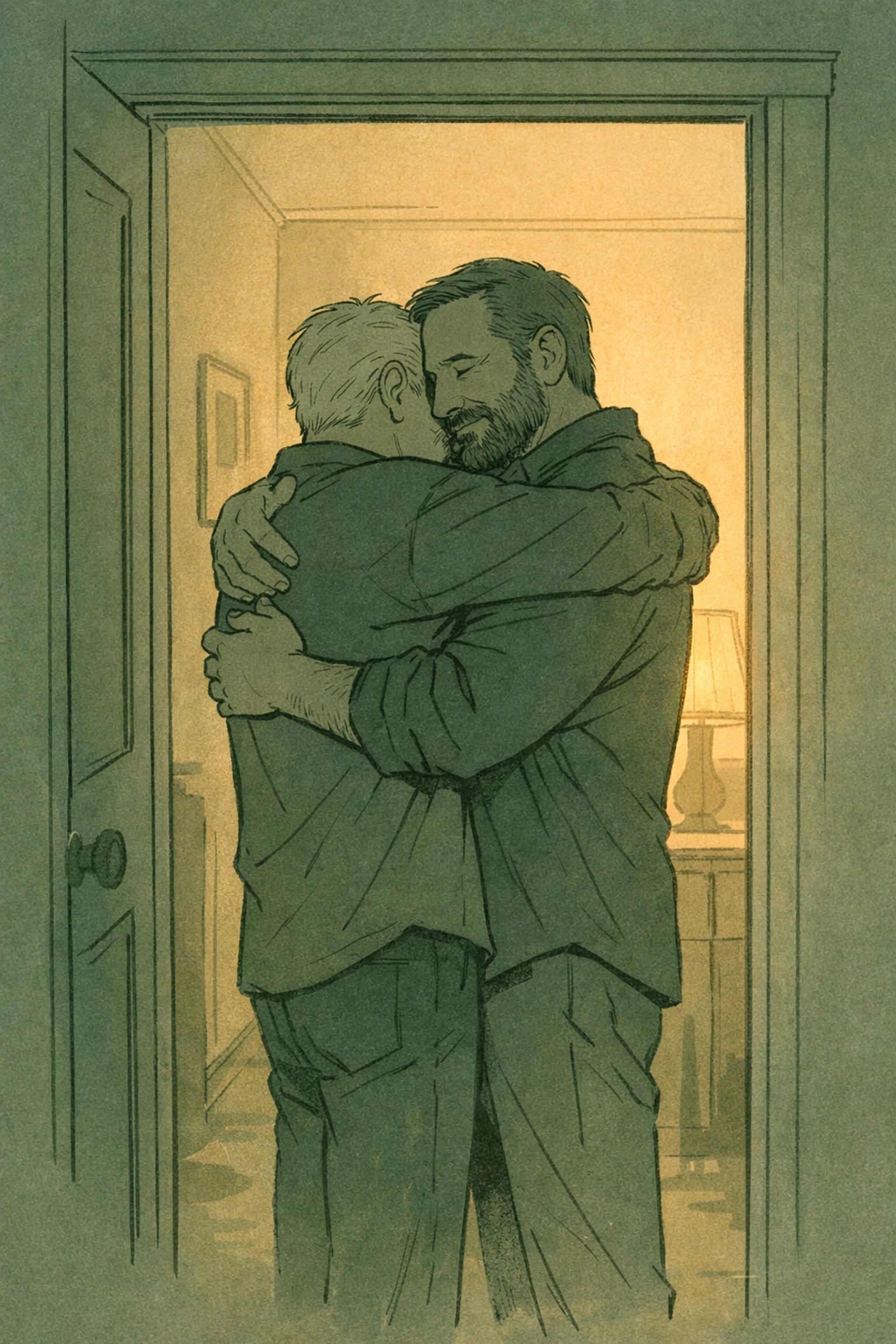 Two mature men embracing in doorway representing authentic gay love and emotional homecoming