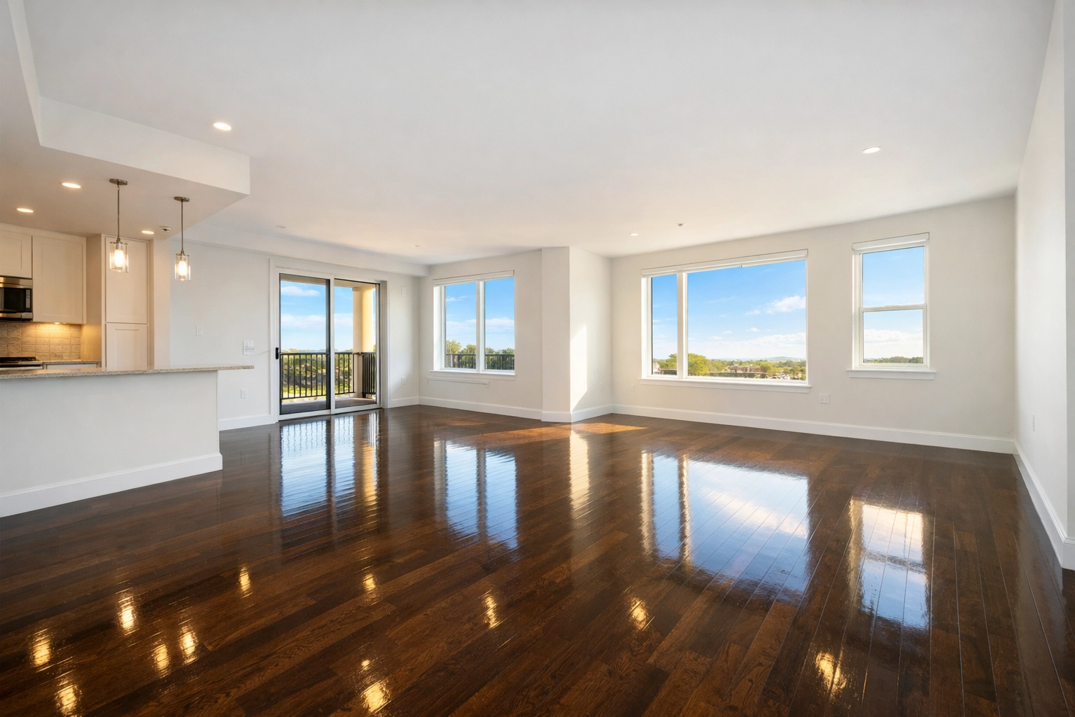 Sunlit living room with buffed hardwood floors after a professional move-out deep cleaning Malden MA.
