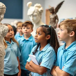 Cornerstone Preparatory Academy students in uniform attentively observe classical sculptures during a museum field trip