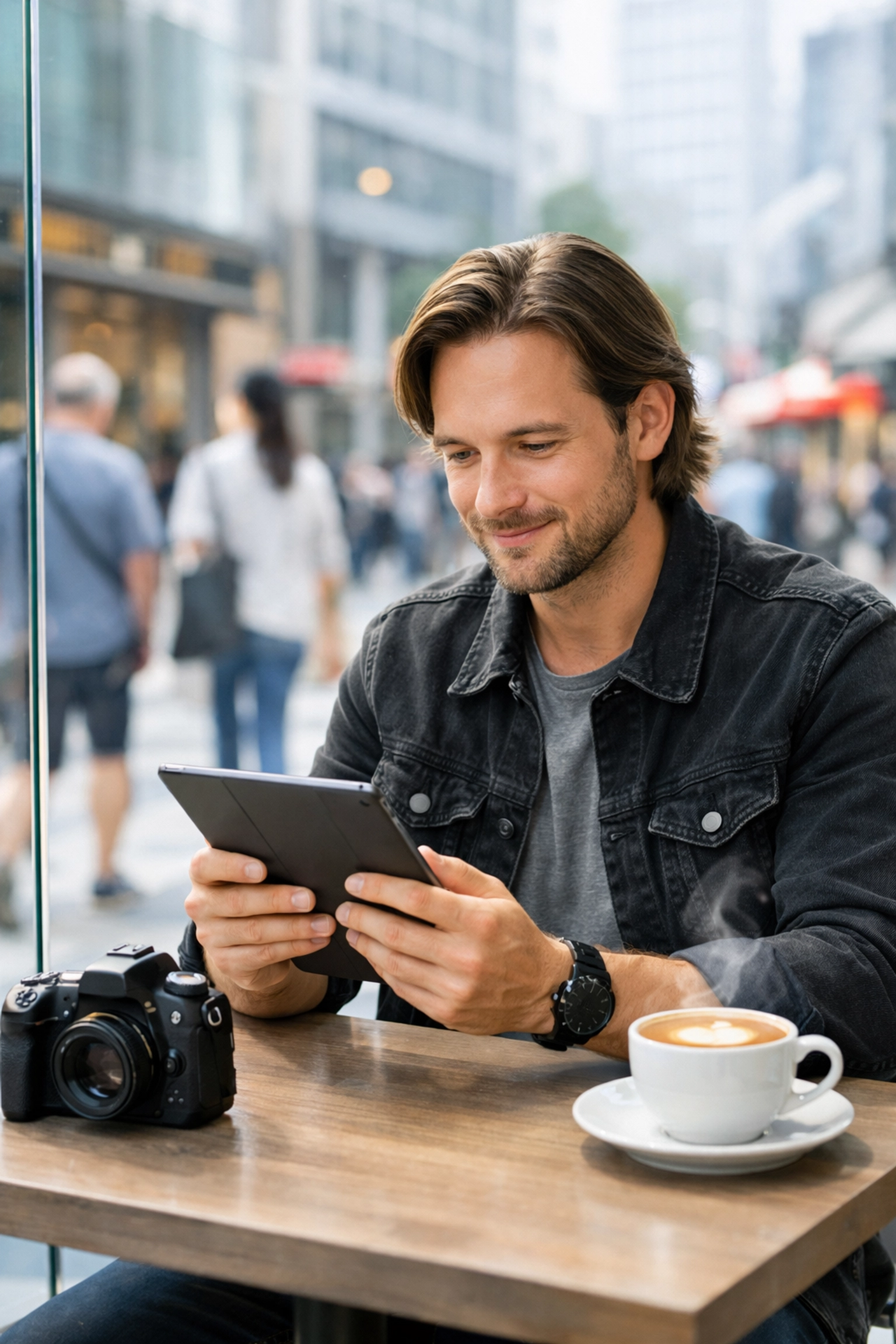 The Ultimate Guide to Proshoot.io: Everything You Need to Succeed as a Pro 3 Photographer managing client communication and booking experiences on a tablet from a modern cafe.