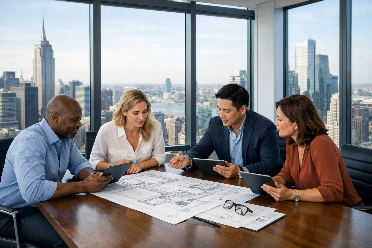 Consultants collaborating on strategic brand scaling solutions in a modern Dakdan Worldwide office.