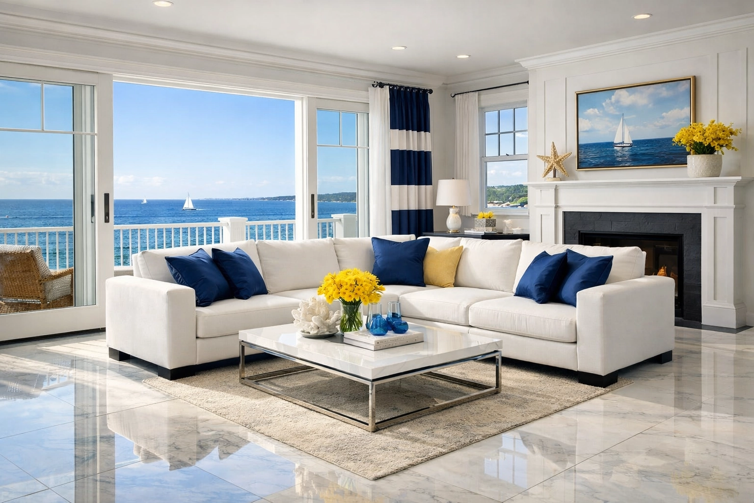 Luxury Marblehead oceanfront living room with spotless marble floors cleaned by a professional service.