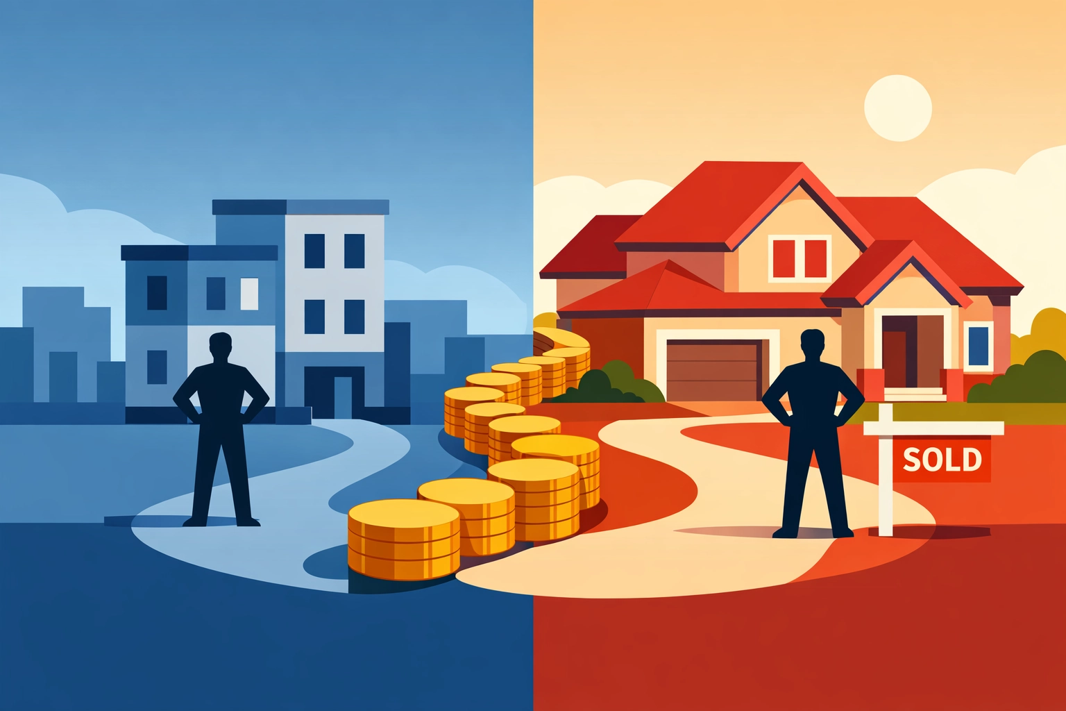 Journey from apartment to home ownership showing long-term wealth building with savings path