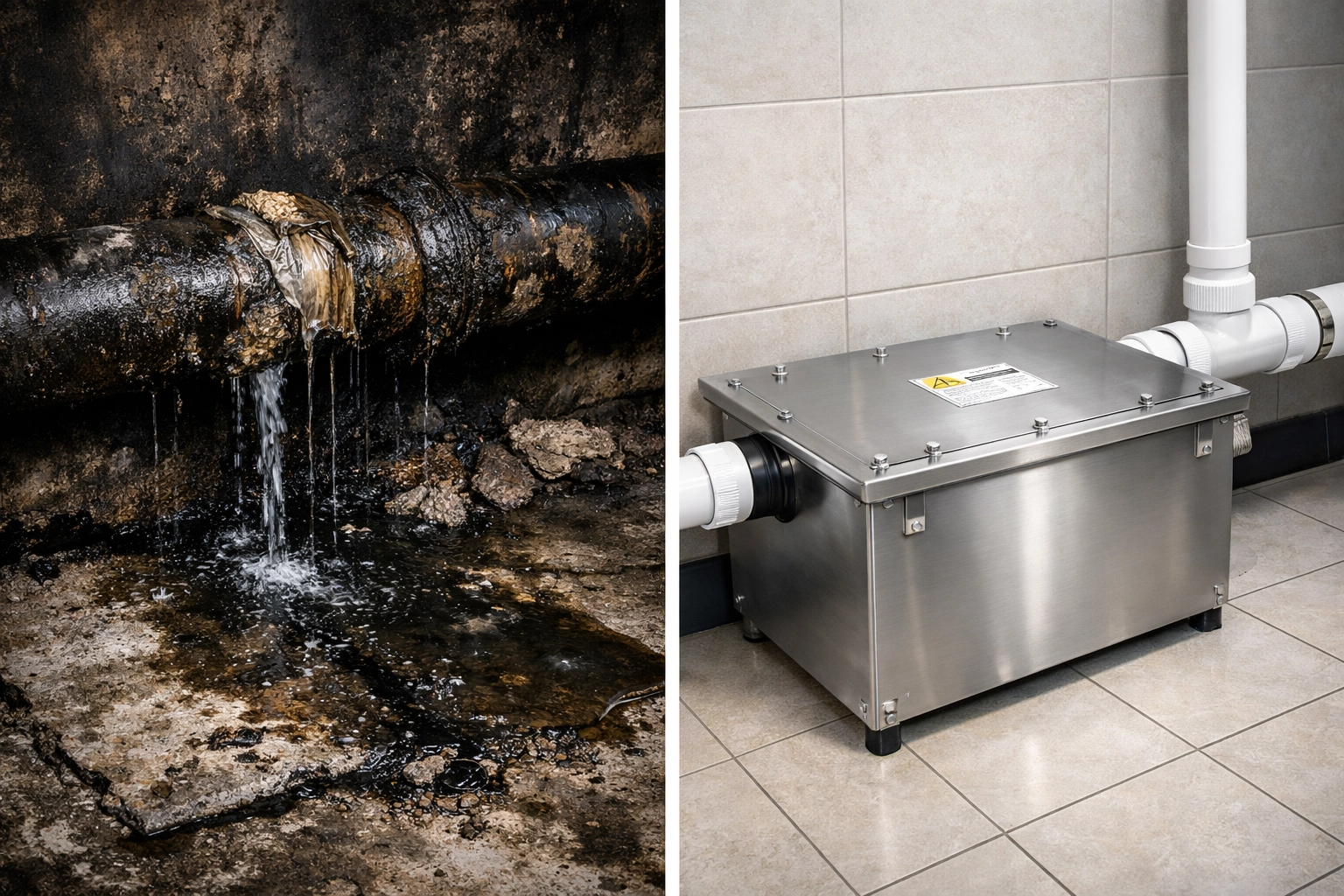 Comparison of a grease-clogged sewer pipe and a clean, professionally installed grease trap.