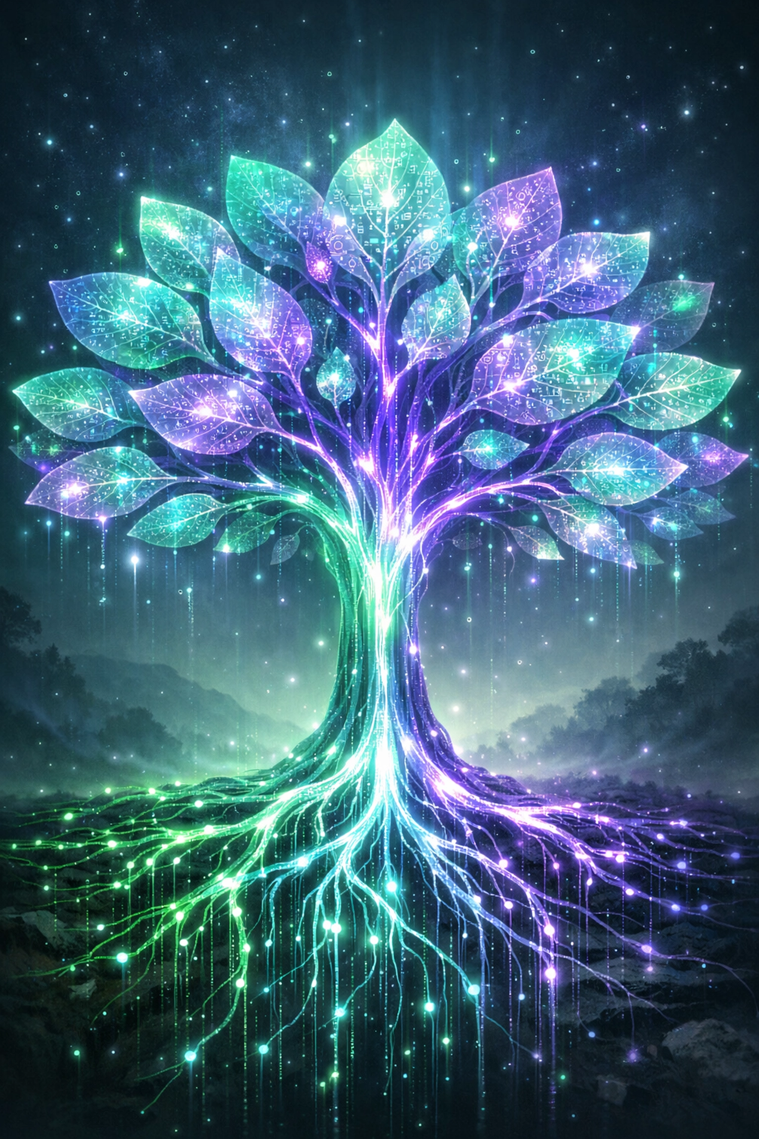 A glowing holographic data tree representing a living network of knowledge and AI agent coordination.