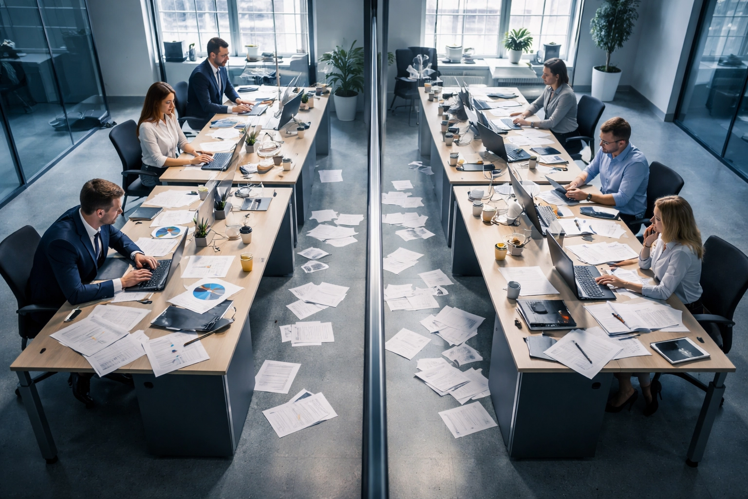 Open office space with teams separated by glass walls, representing business silos and reduced efficiency.