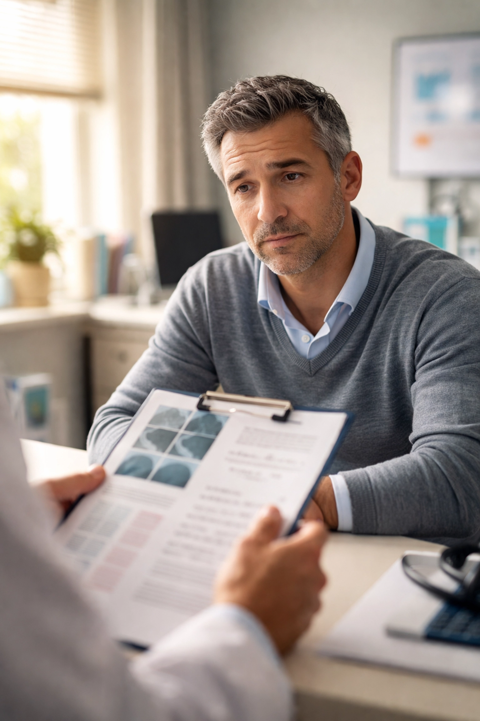 Man in his 40s at doctor's office highlighting health factors that impact life insurance eligibility