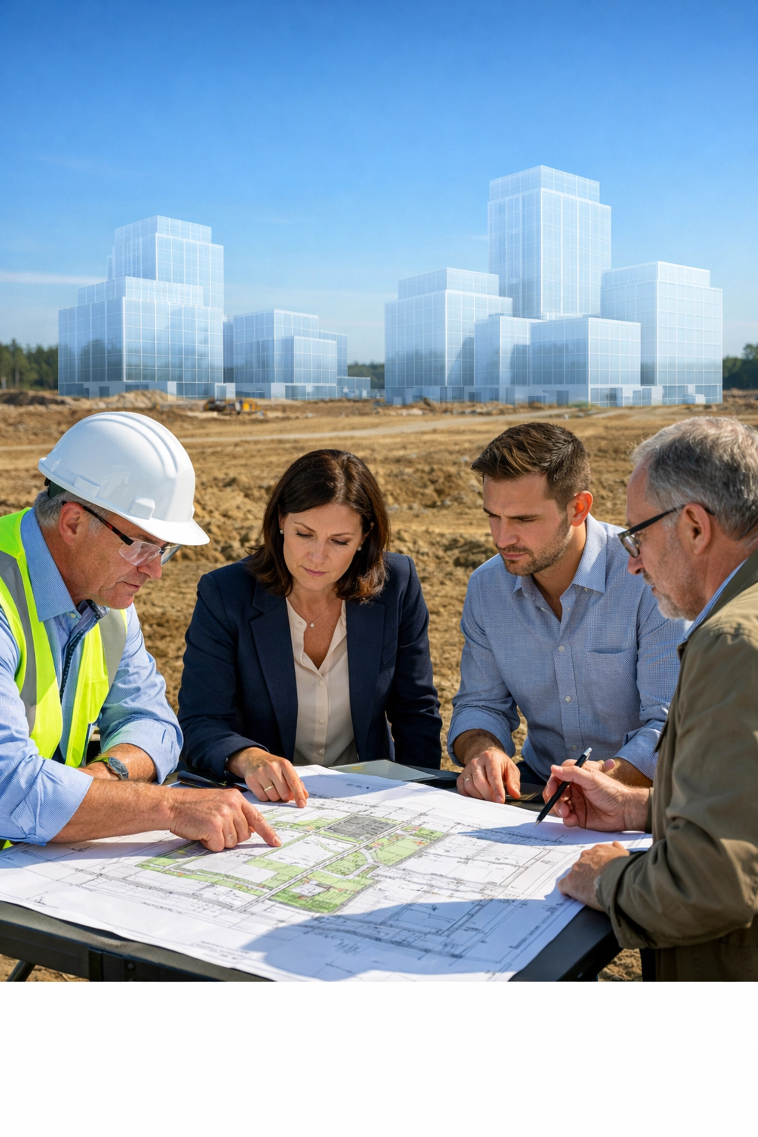 Civil engineers and planners reviewing a site plan for a land development project in Ontario.