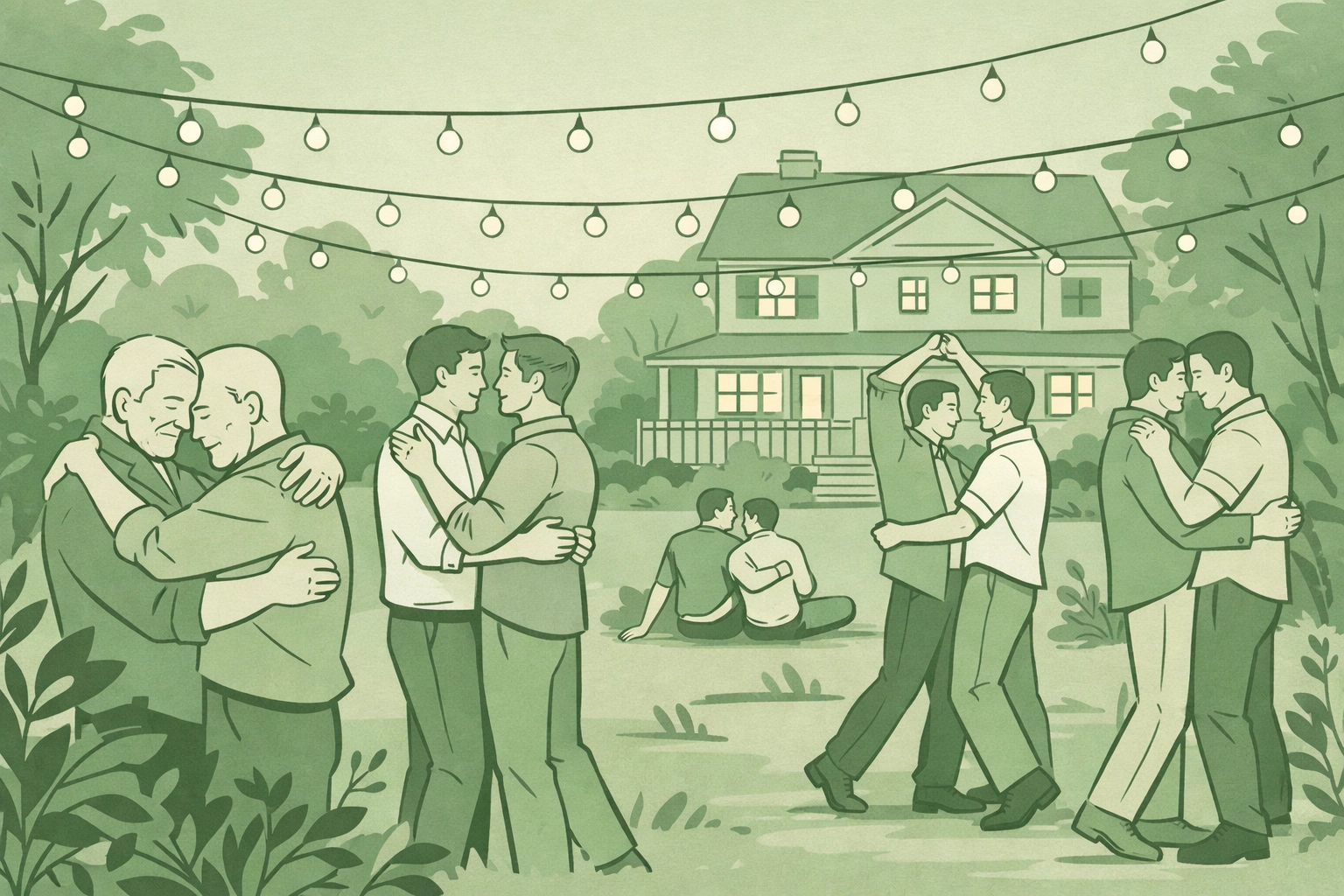 LGBTQ+ community celebration with gay couples in garden gathering
