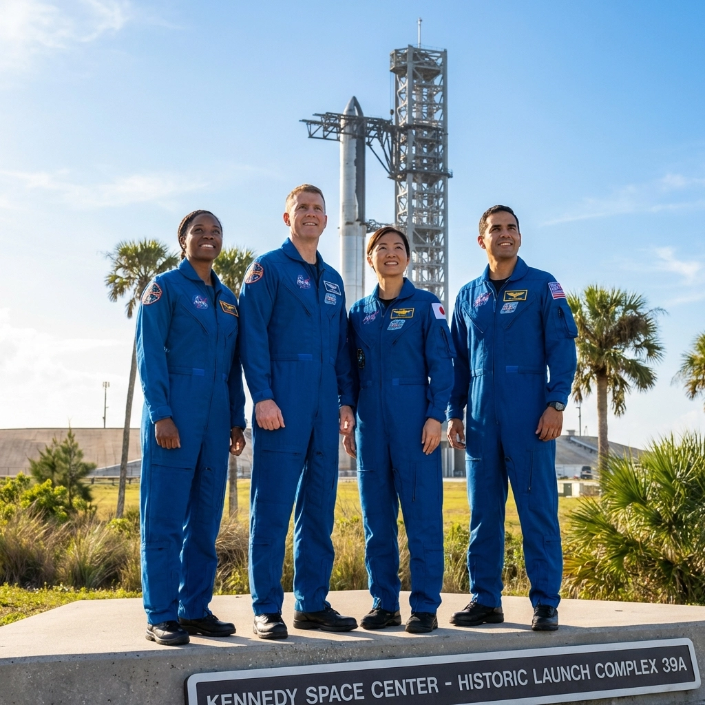 Four Artemis II astronauts standing at Kennedy Space Center ready for historic moon mission