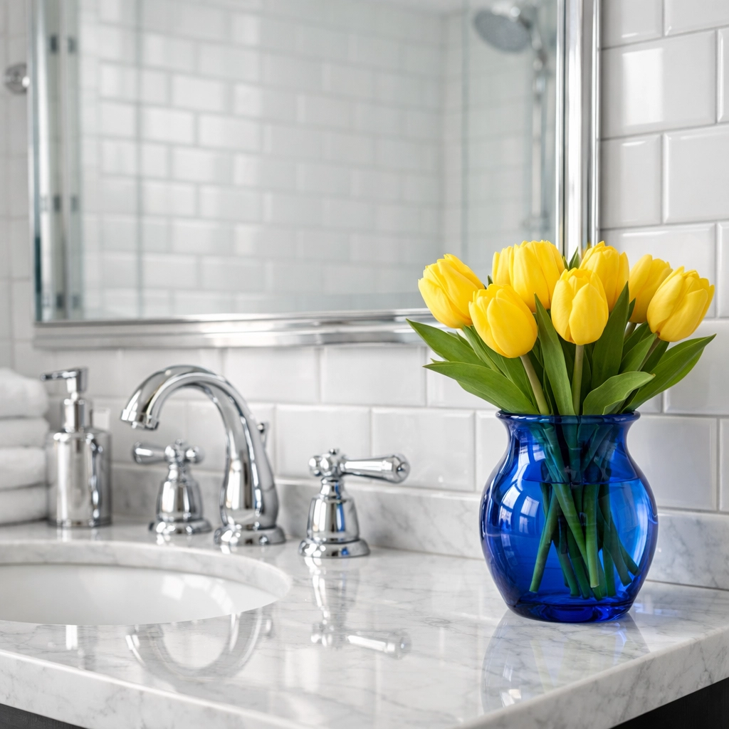 Expert deep cleaning Lowell bathroom with gleaming subway tiles and polished chrome fixtures.