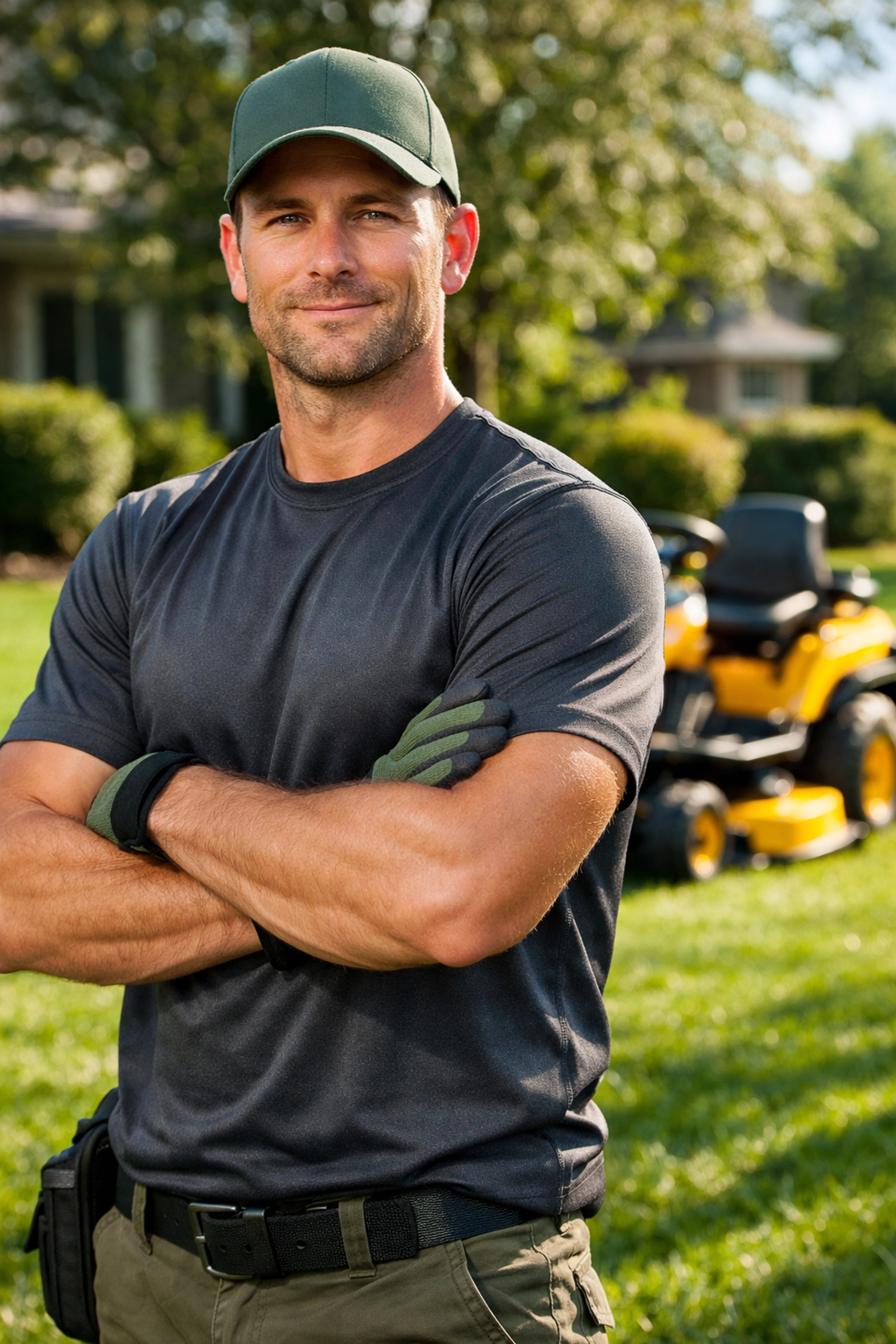 Professional landscaper wearing a custom t-shirt as a key part of their lawn care uniform.