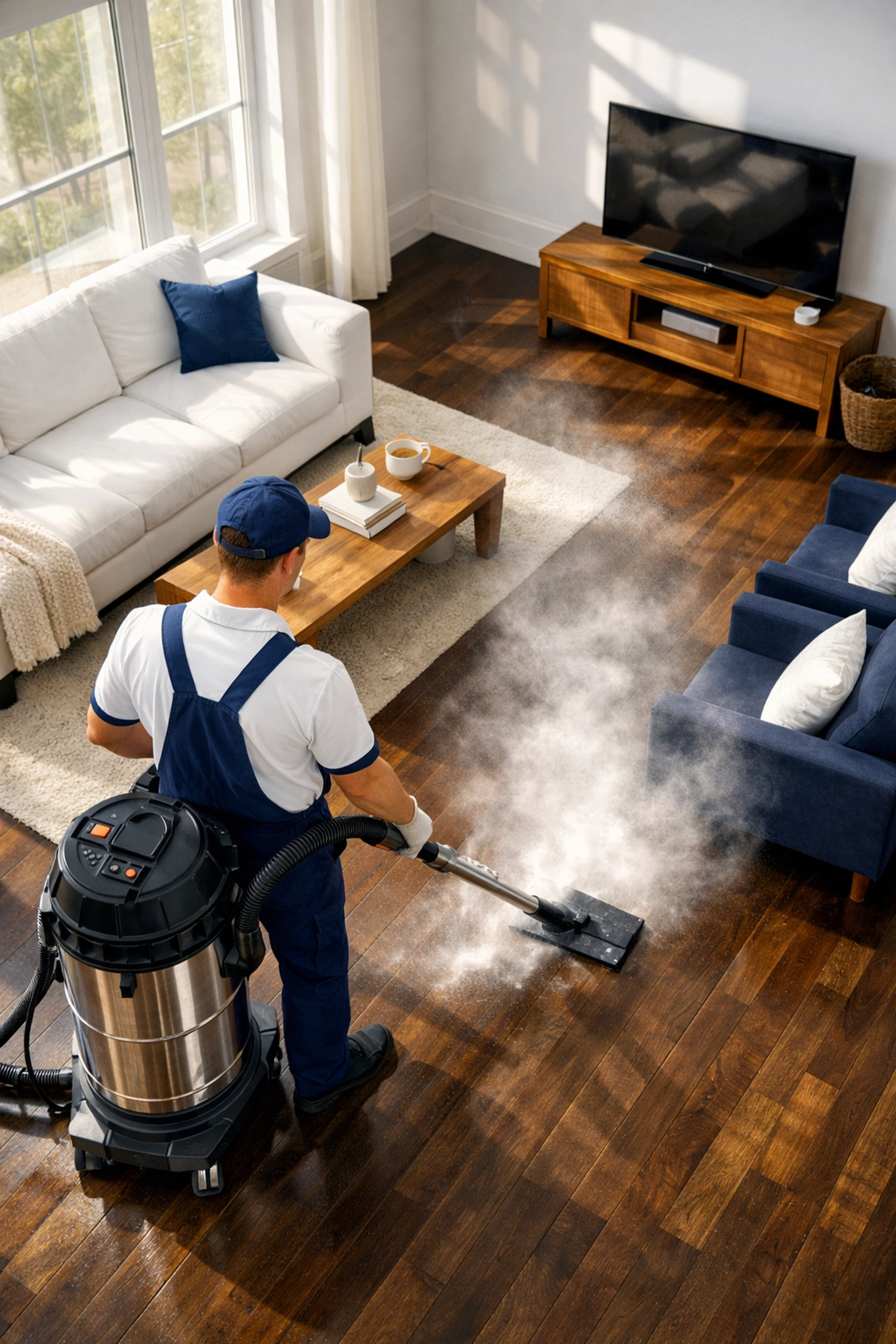 Professional cleaner using a HEPA vacuum for post construction cleaning Hudson in a modern renovated home.