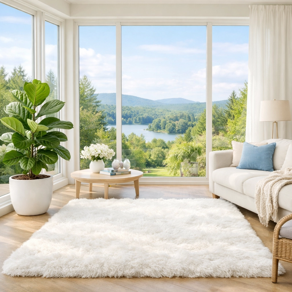Clean and airy luxury living room showing the results of eco-friendly residential cleaning Massachusetts.