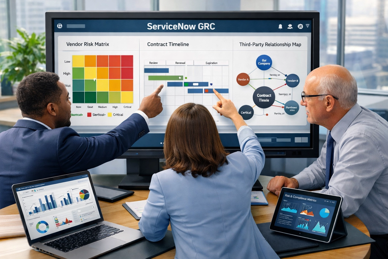Banking professionals analyzing third-party vendor risk using ServiceNow GRC compliance platform
