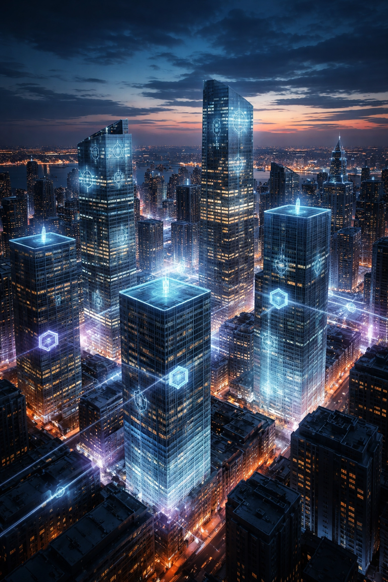 A futuristic cityscape themed around tokenized real estate and blockchain illustrating digital transformation in institutional asset management