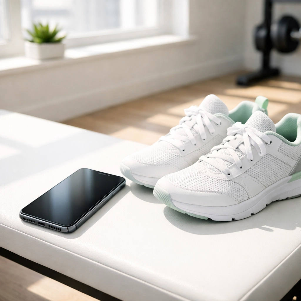 Smartphone on a gym bench for managing automated member reviews and instant lead responses.